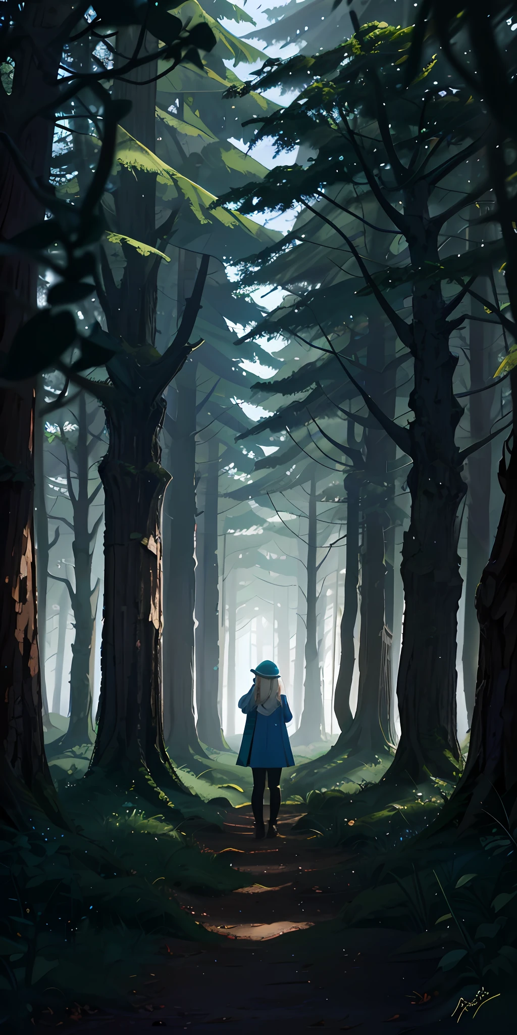 /imagine prompt: A young girl standing in a green forest, dressed in casual clothes, holding a flashlight, with calm expression, surrounded by tall trees and dense bushes, by 3D --niji 5