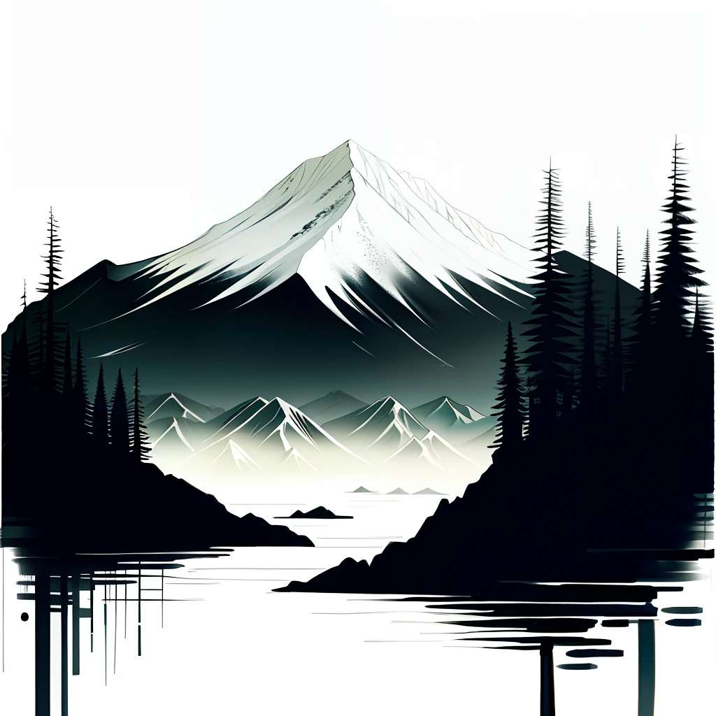 white background, scenery, ink, mountains, water, trees
