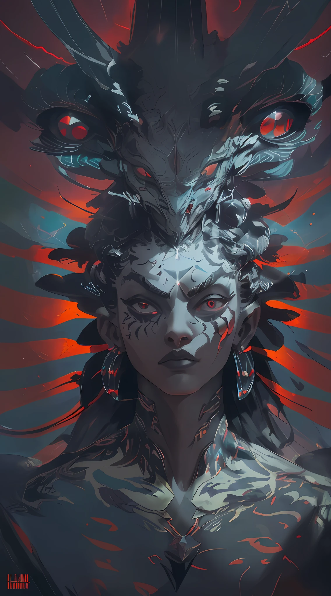 A powerful deity with large, red eyes, resembling a Praying Mantis, red scratch, (((inkblots)), ((colored inkblots)), mystical colors, rim light, ((dramatic and dark lighting)), 8k, dazzling scene, raytracing, octane, trend in artstation