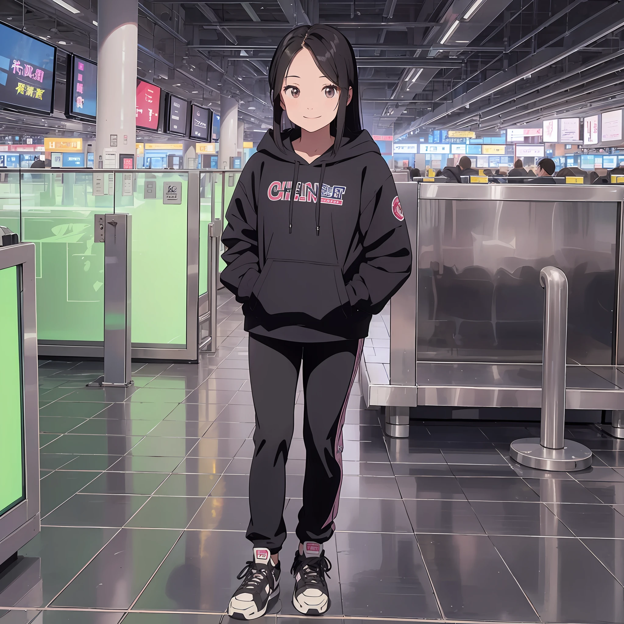Chinese girl, , Orchid, airport, Black hoodie, shoulder length hairstyle, black hair, black eyes, smiling sweetly, Black pants, brown sneakers. --auto --s2