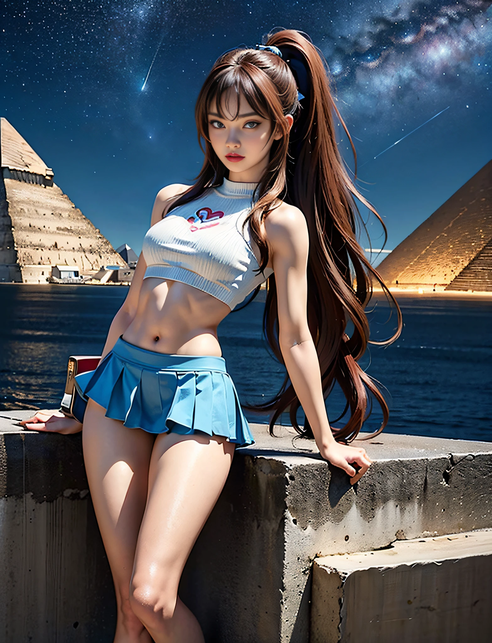 (very detailed RAW color photo), (1 girl), (alone), (35 years), (Goddess body), (athletic), (very defined toned physique), (very defined muscular body), (very detailed perfect body), (small and defined breasts), (ultra defined curves), (superior quality, 8k, masterpiece: 1.3), (sharp focus: 1.2), (extremely beautiful girl with perfect figure: 1.4), (very thin waist: 1.2), (ultra detailed skin texture), (perfect and beautiful hands), (smooth and soft skin), (ultra detailed fabric texture), (extremely beautiful ultra detailed face), (perfect butt), (girl wearing a tight summer t-shirt and skirt with ankle boots), (extra long curly brown hair with bangs), (extra long ponytail with ribbon), (very detailed and beautiful tiger ears), (hair on the face), dynamic pose, (uniform leaves thighs exposed), (ultra detailed and toned legs), ((very wide hips)), ((very thick and toned thighs)), (sexy), ((extreme hourglass figure)), ((very thick heart lips)), ((red lipstick)), ((blue eyes)), ((angry look)), (blush), (makeup), (ultra-defined waist), eye shadow, (full body shot), with the pyramids of Giza in the background, Pyramids back, very detailed starry sky, desert, stars, starry night, night sky, stars, full moon, galaxies and nebulae.