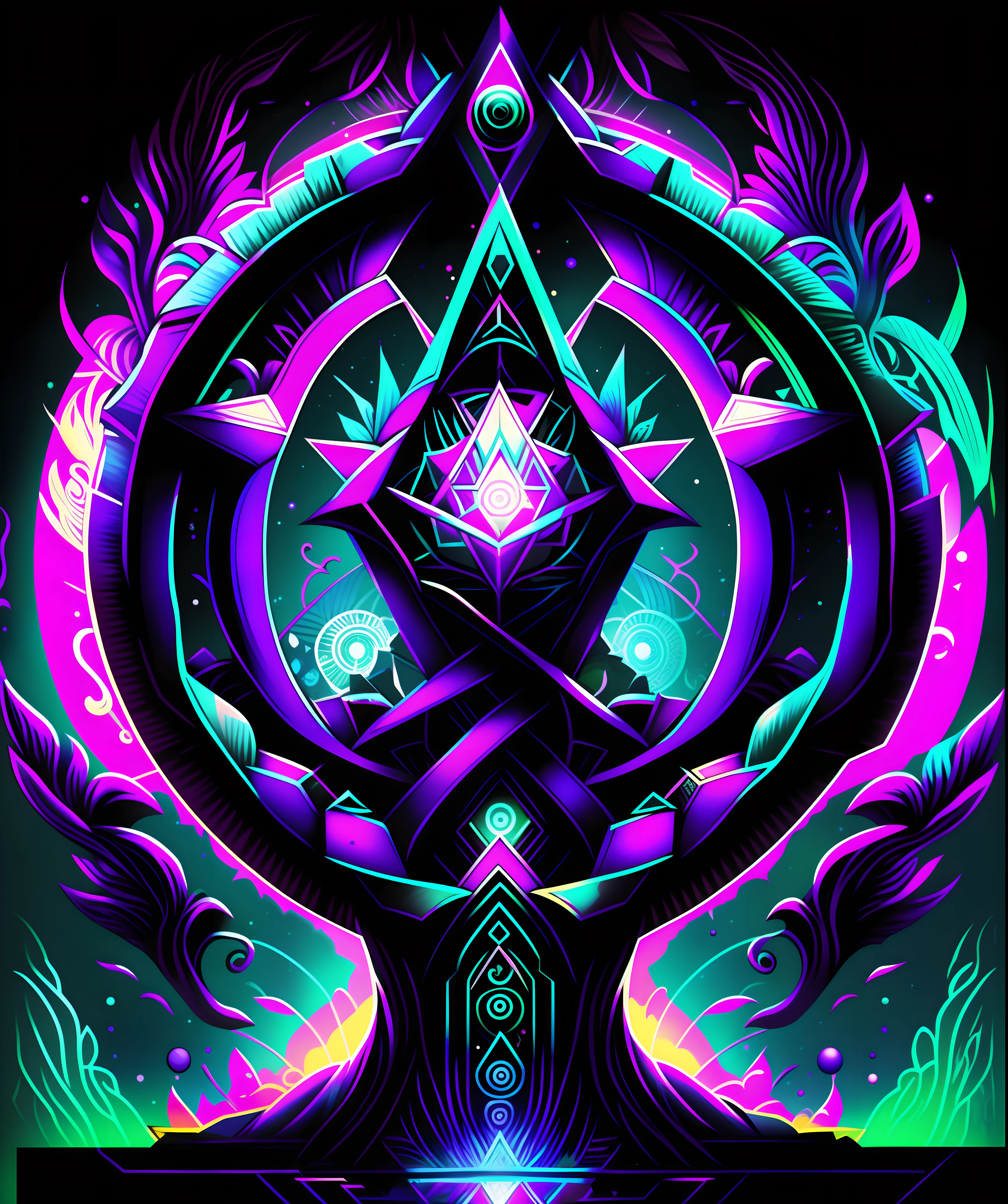 Develop an image with sacred geometry that presents a super resolution in black, green and purple colors. The image should have futuristic details and evoke the rebirth of a soul. Explore harmonic geometric shapes, such as circles, triangles, and spirals, to create a balanced and aesthetically pleasing composition. Be sure to incorporate the shades of black, green, and purple in a vibrant and expressive way. The image should convey a sense of transformation and renewal, with elements that represent transcendence and spiritual evolution. Draw inspiration from the symbolism of sacred geometry and futuristic aesthetics to create a unique and impactful visual representation