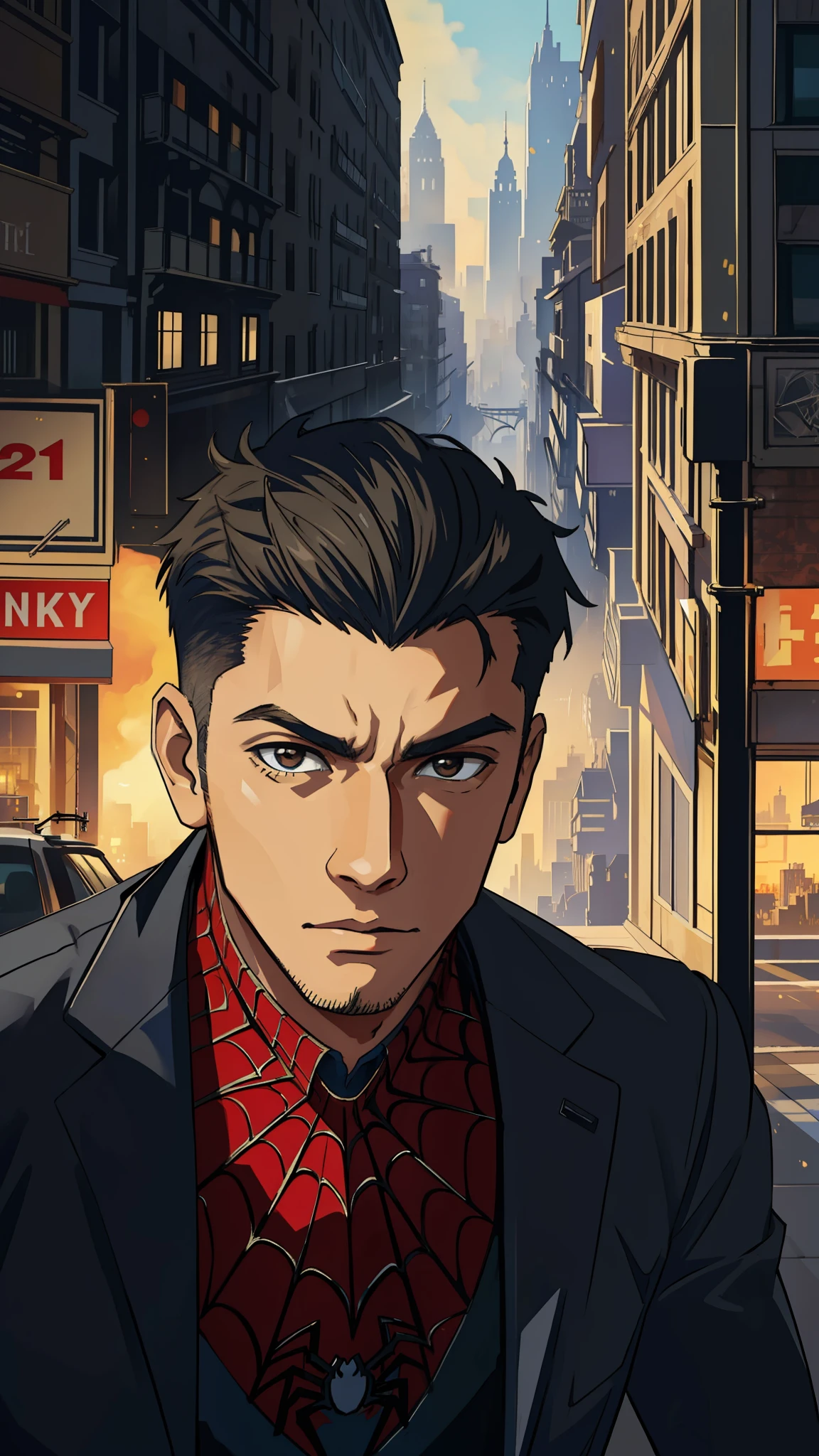 (masterpiece, best quality), intricate details, 8k, artstation, wallpaper, official art, splash art, sharp focus,
1boy,
spider suit, spider web printing, spider web,
skyscrapers, city, buildings, cars, street,