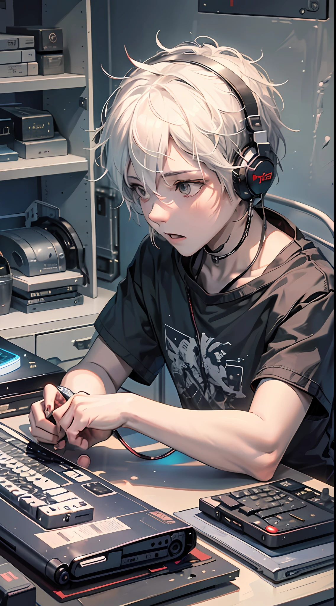 A boy playing with computer in den, white hair, tech-style, gray, red, blue, monitor, keyboard, notebook, desk, computer host, mobile phone, mouse, stereo, illustrations, iphone, mac, MacBook, AirPods pro, wireless headphones, short-sleeved t-shirt, shorts, 4k, wide-angle lens, (full body shot)