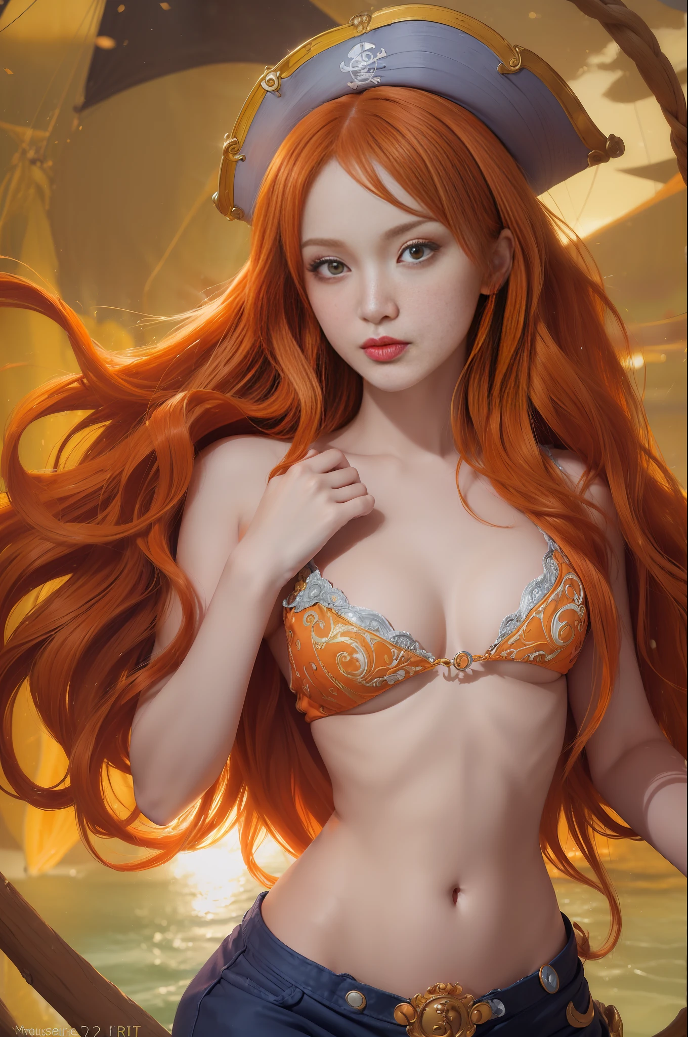 (((masterpiece+best quality+high resolution+ultra-detailed))), Nami, one piece, long silky orange hair, high nose, sharp eyes, noble and inviolable temperament, (([female]: 1.2 + [beauty]: 1.2 + orange wavy long hair: 1.2)), pirate ship background, bright eyes, dynamic angle and posture.