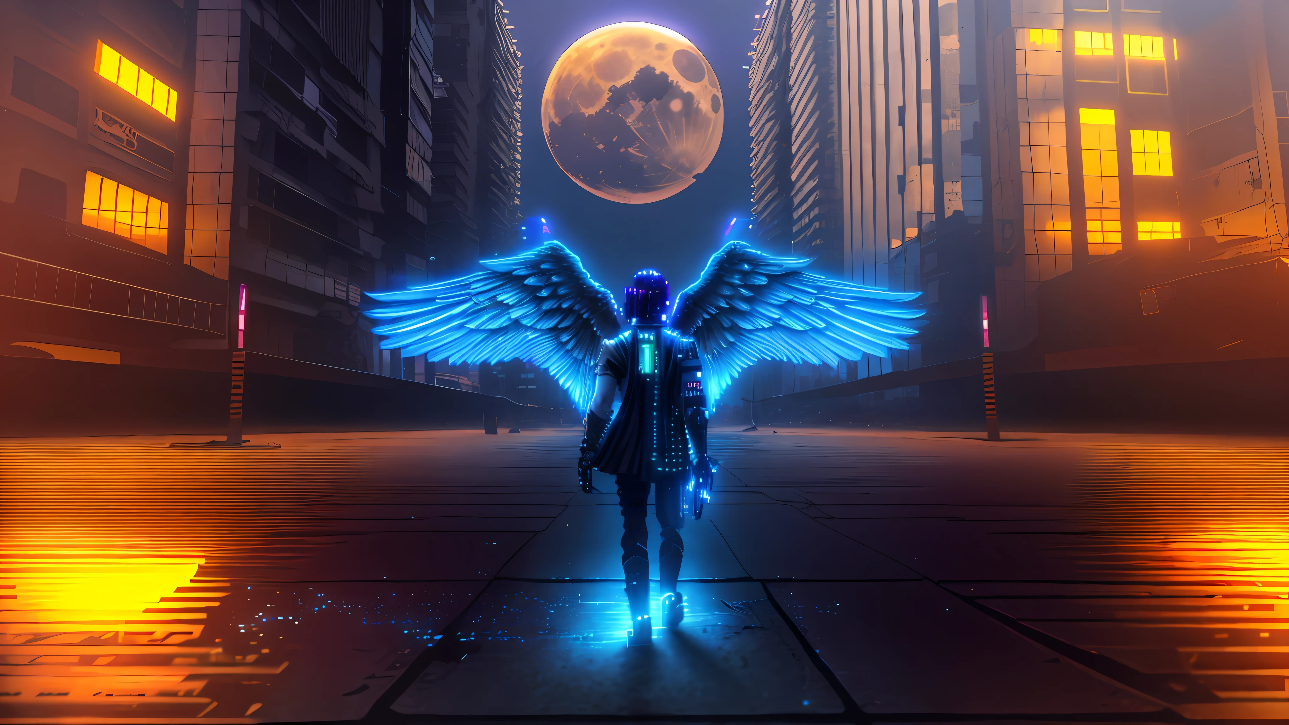 A toga-clad angel walking through a (((cyberpunk city))) and the giant orange moon behind