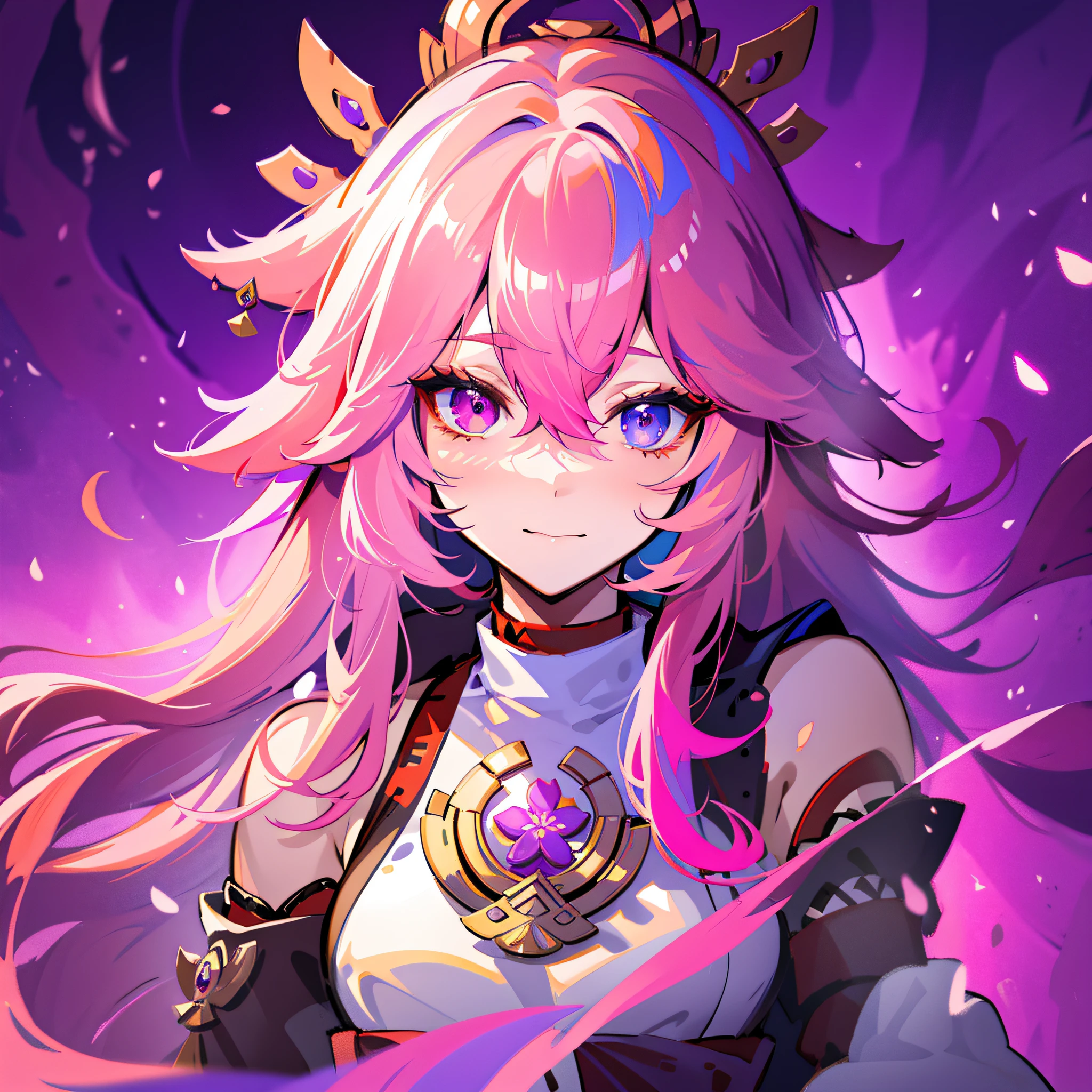 yae miko, pink hair, purple eyes, {{masterpiece}}, best quality, extremely detailed CG unity 8k wallpaper, cinematic lighting, lens flare, beautiful detail eyes, multicolor hair, colorful light, particles, heterochromia, (colorful:1.5), (colorful hair:1.5),