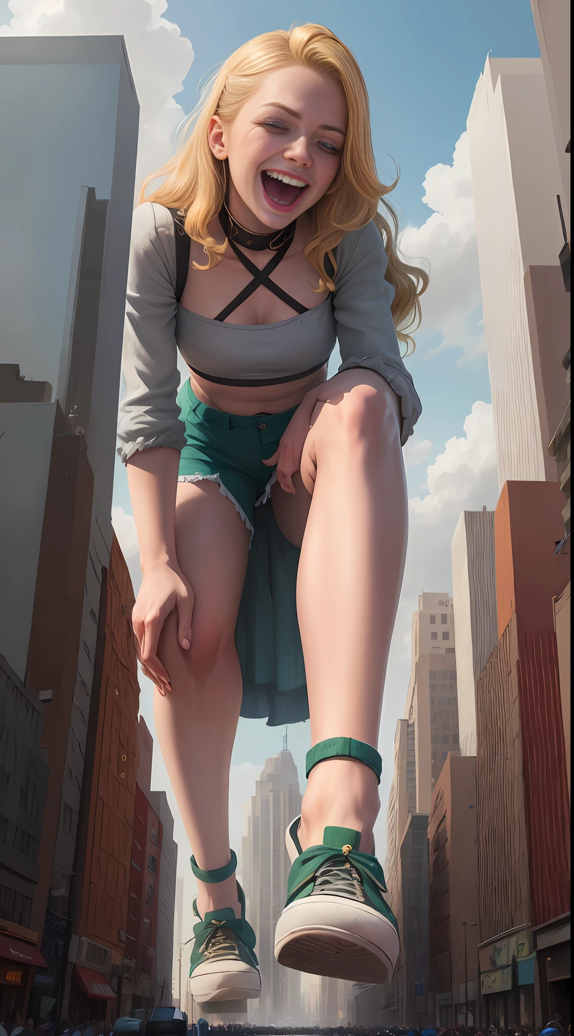 giantess art, giantess, crop top, laughing, blonde, (((towering over you))), (full body), miniature crowd at her feet