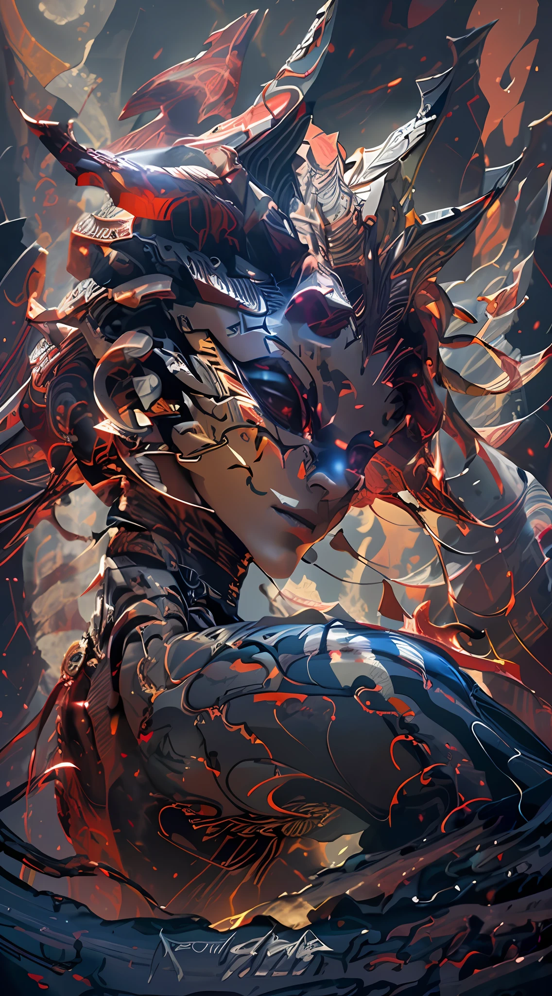 An insectoid God, red scratch, ((inkblots)), ((colored inkblots)), mystical colors, rim light, ((dramatic and dark lighting)), 8k, dazzling scene, raytracing, octane, trend in artstation