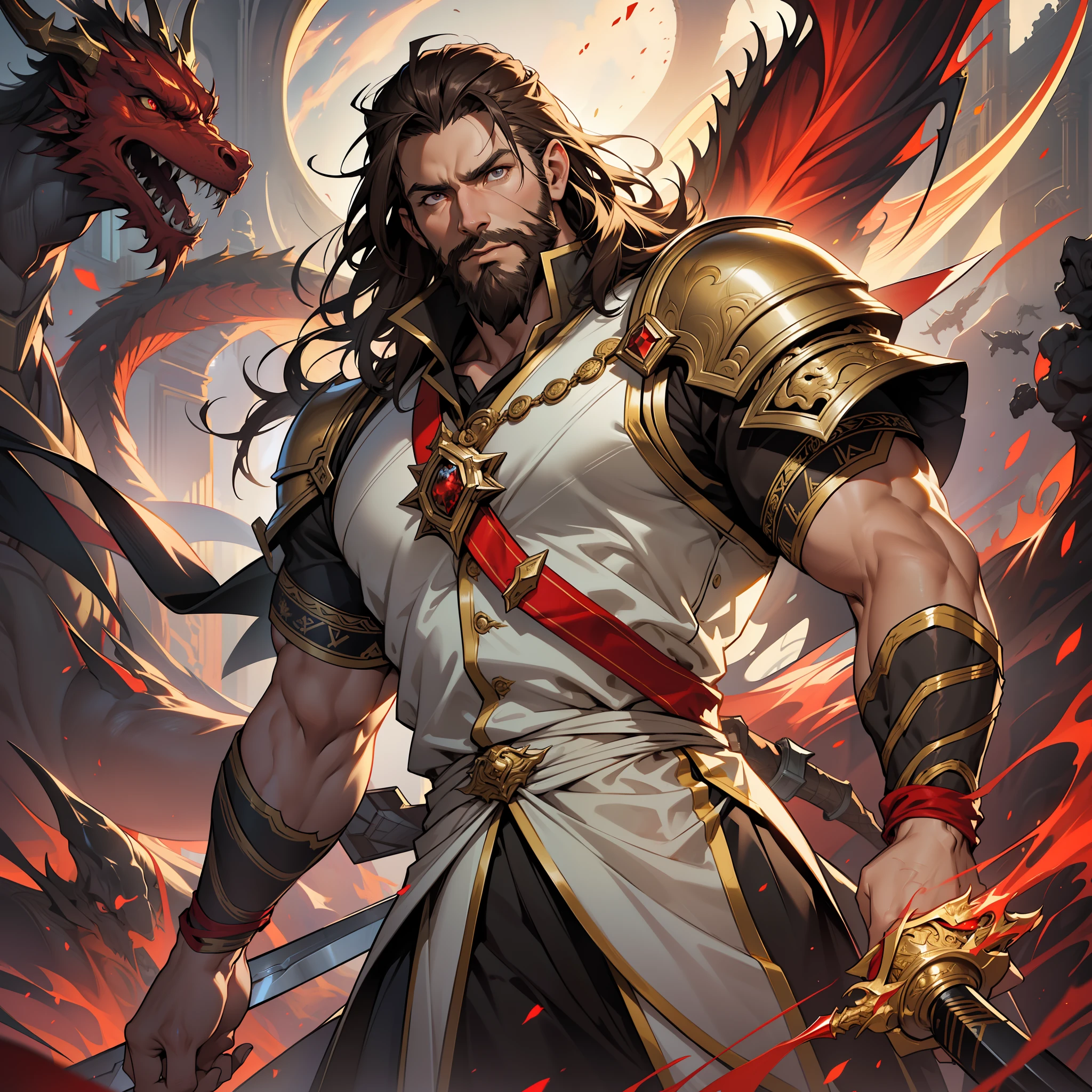 "Jesus Christ, with medium beard, (dark brown hair and beard), dressed in white and red tonic with a luminous crown on his head, intricate, elegant, highly detailed, majestic" Jesus Christ using a golden sword fighting the devil a giant red dragon, "Devil, a humanoid red dragon with 7 ciphers", digital photography, art by artgerm and ruan jia and greg rutkowski surreal painting (masterpiece, Side lighting, beautiful finely detailed eyes: 1.2), HDR