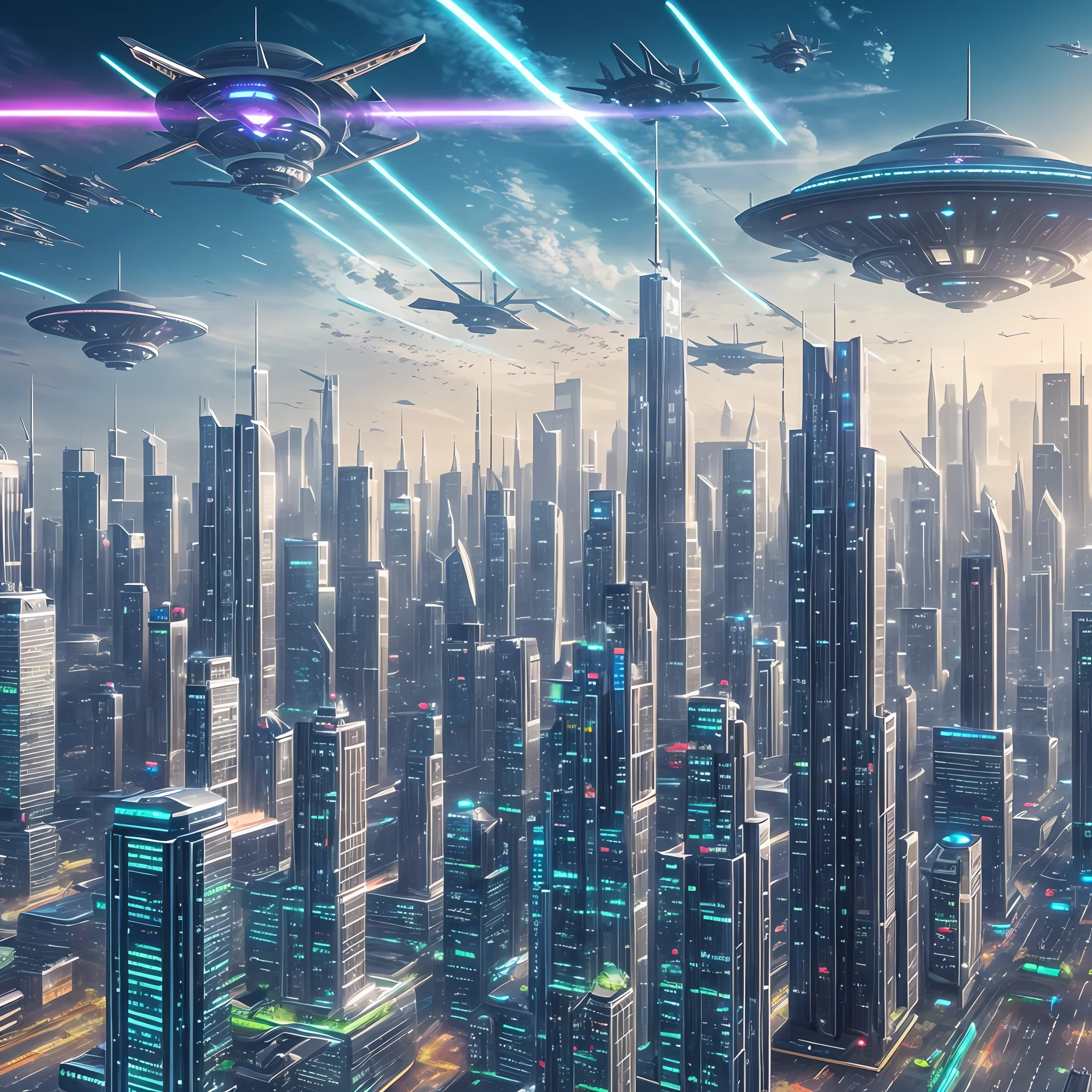 Create a futuristic, masterpiece, realistic, high-quality city, with alien ships flying over a building in the center of the image, people running, bright lights --auto --s2