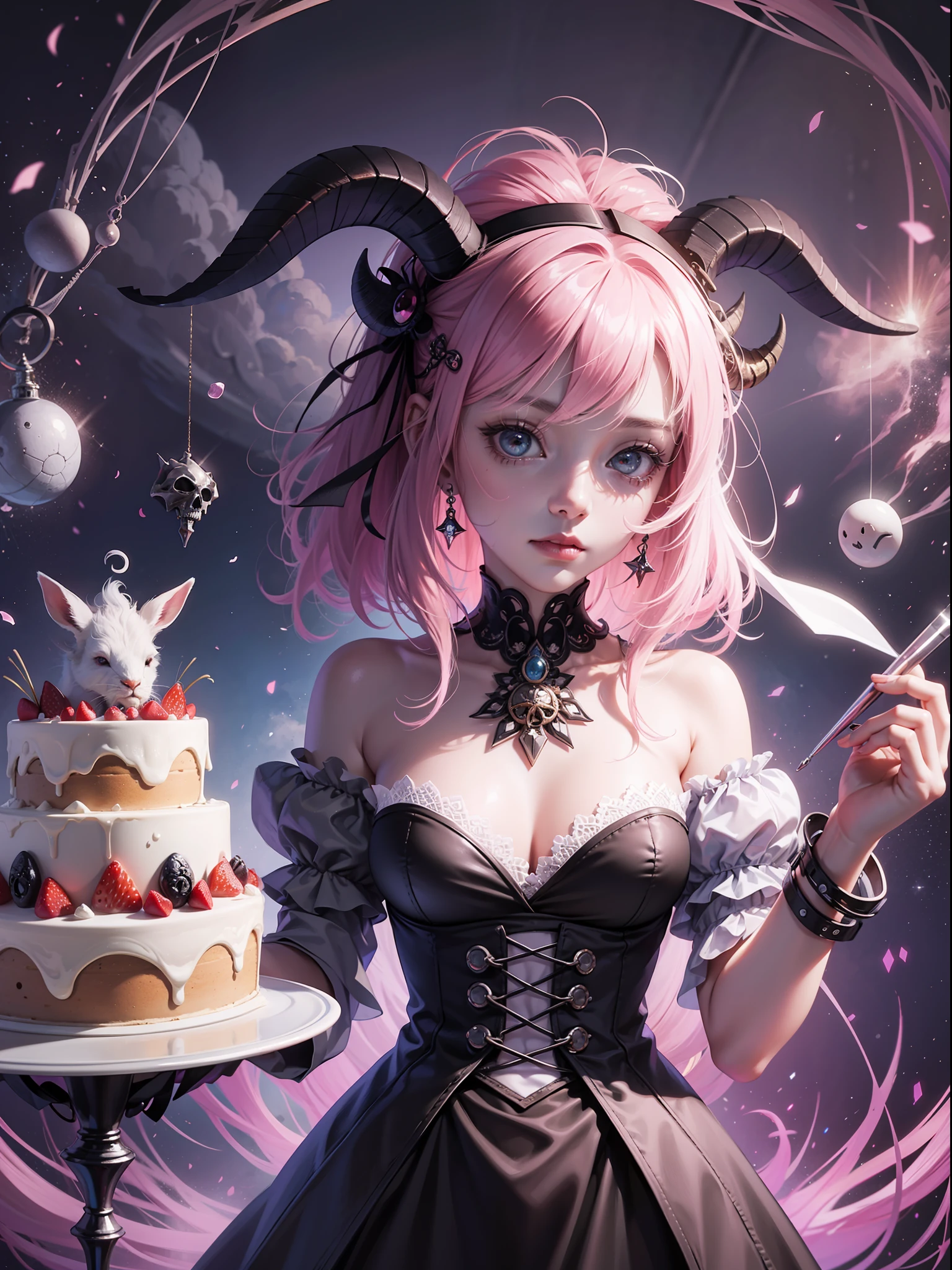 official art, unity 8k wallpaper, ultra detailed, beautiful and aesthetic, High quality, beautiful, masterpiece, best quality, (zentangle, mandala, tangle, entangle:0.6), low contrast, a cute girl serving cake to demons, pink, bright pastel colors, kawaii, (horror), eerie, rabbit skull, goat skull, in hell, creepy, demons, claws, best lighting --auto --s2