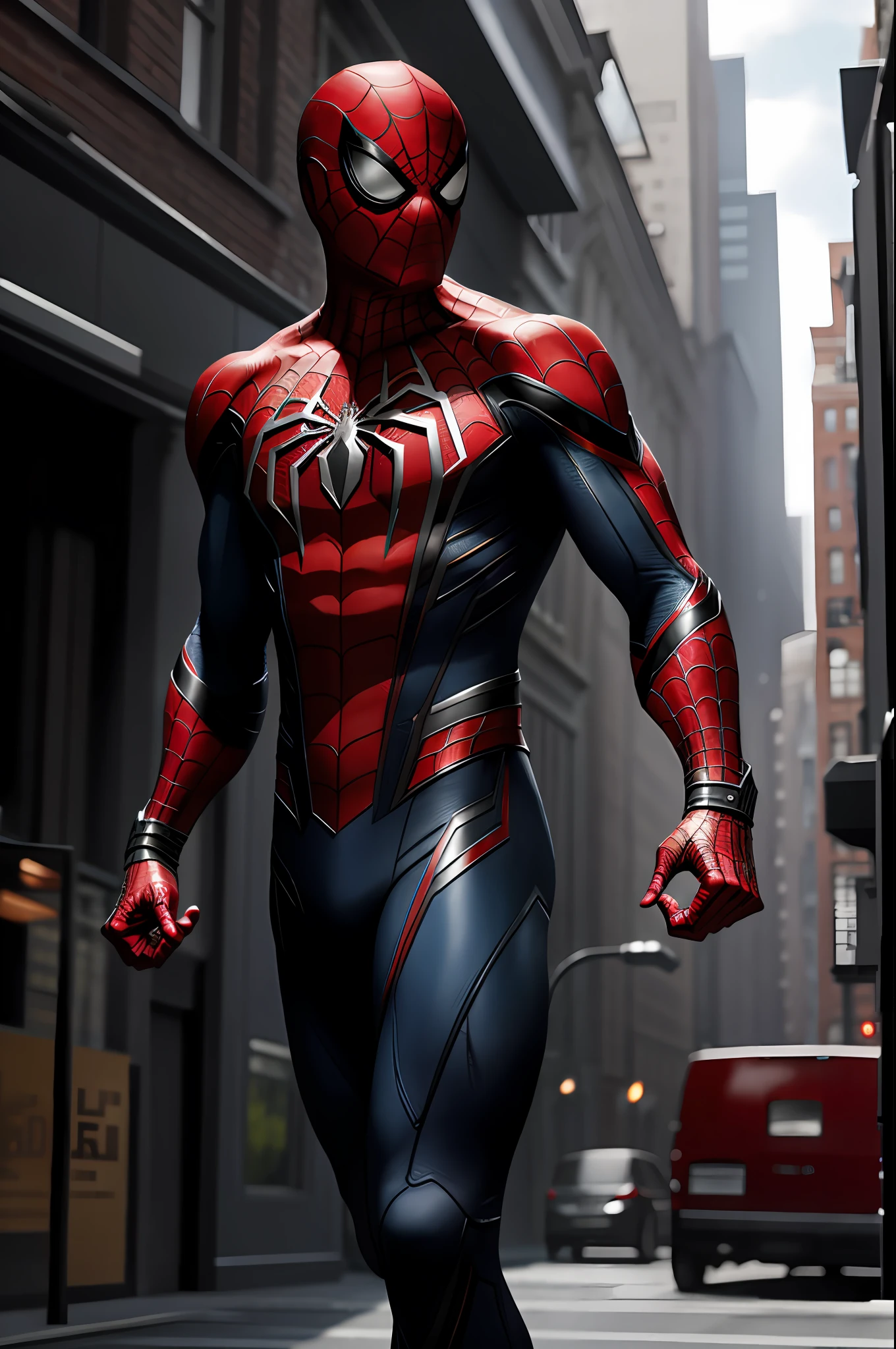 (8k, RAW photo, best quality, masterpiece:1.2), ultra detailed, official art, photo-realistic:1.37, upper body shot, marvel spiderman, film grain, action pose