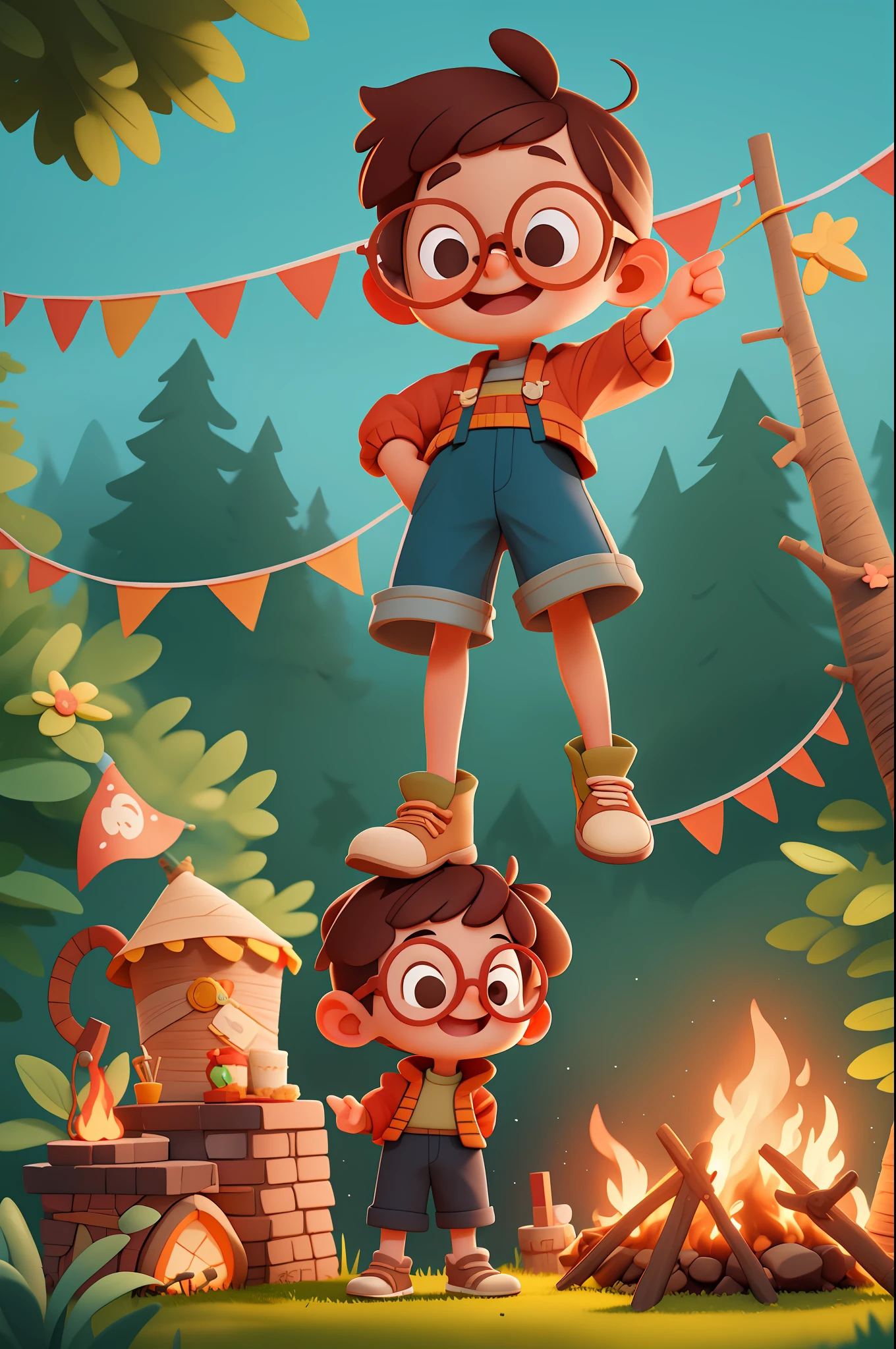 A beautiful happy child standing, short brown hair, with glasses and wearing June party costume, playing near the campfire, outdoors, St. John's party in the background, flags, child, toon, pixar style, 3d, cartoon, detailed face, asymmetrical