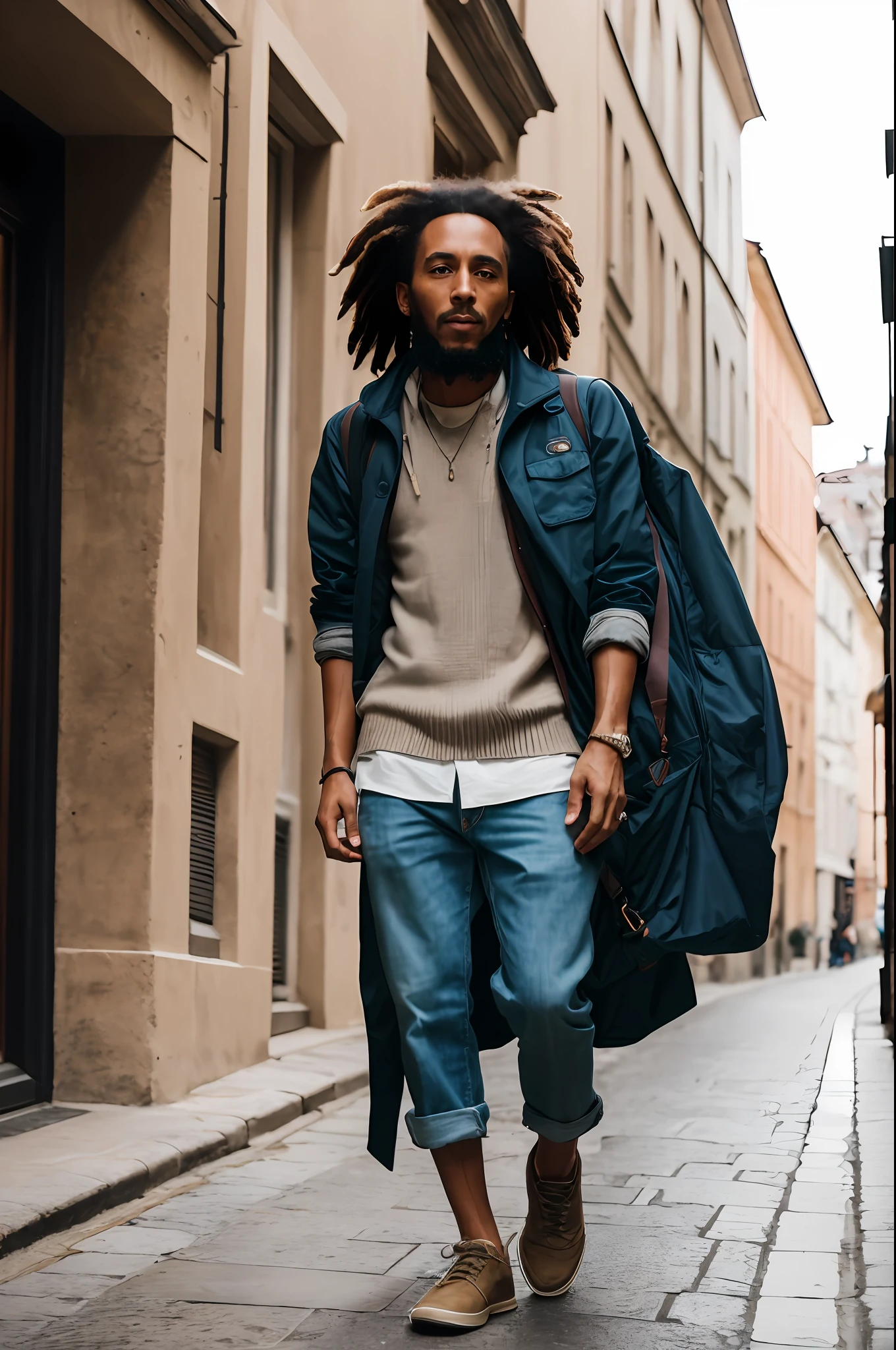 masterpiece, Bob Marley walking down the alley of a city in Europe , (high detail: 1 1), rough face, natural skin, high quality, nsfw, beautiful eyes, (detailed face and eyes), (face: 1 2), noise, extra, real photo, PSD, lamp film photography, sharp focus, diffuse lighting, detailed skin, high resolution 8k, crazy detail, realistic, professional photography, 8k UHD, SLR camera, soft lighting, high quality, grain film, Fujifilm XT3