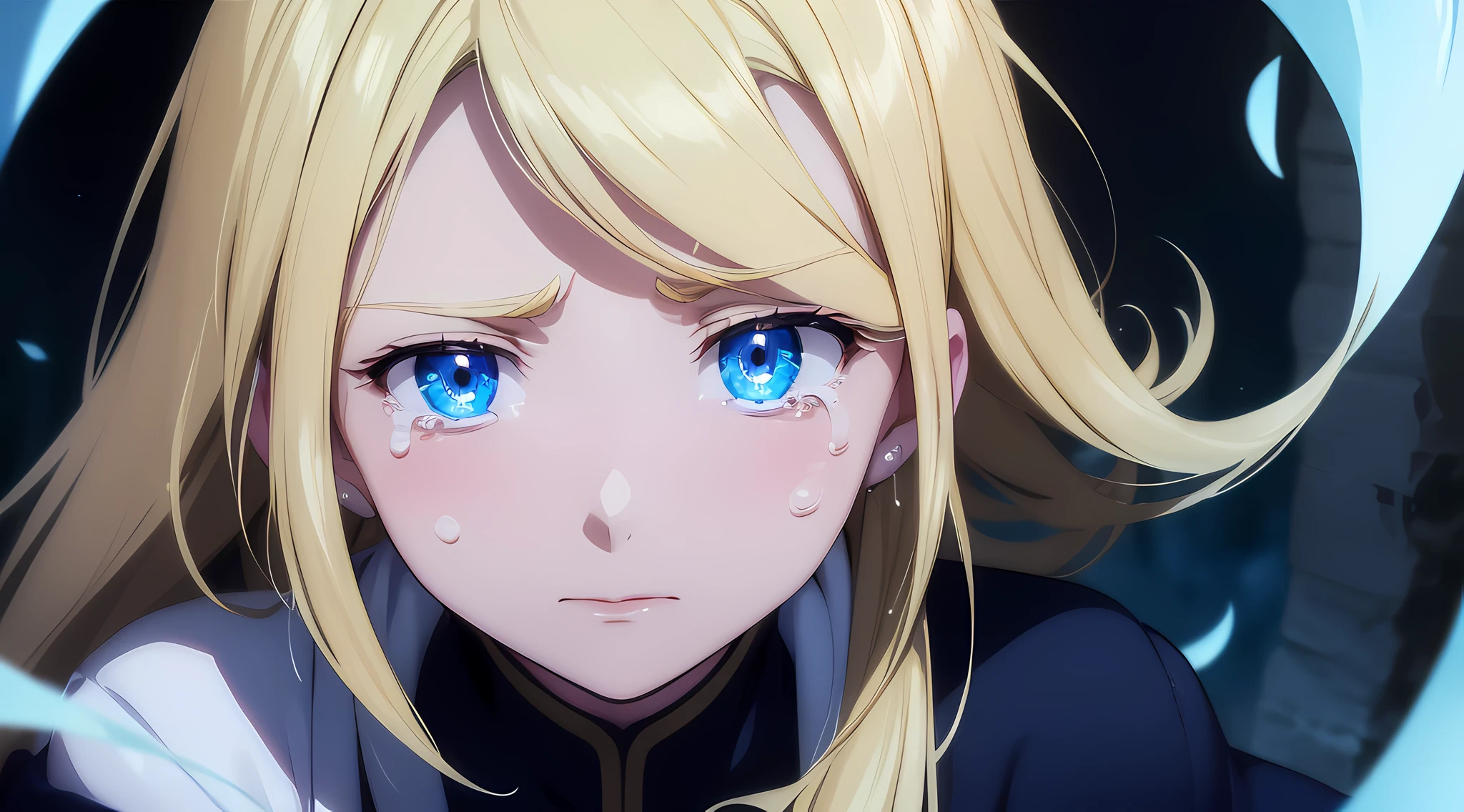(picture, high quality, detailed study), (dynamic angle), (girl, main character, blonde with blue eyes, emotions, pain, close-up of the face, the whole frame with tears), (magic cave, lighting with dim light), (mysticism, special effects), (emotional power): 1.3, (hopelessness, tragedy): 1.2.