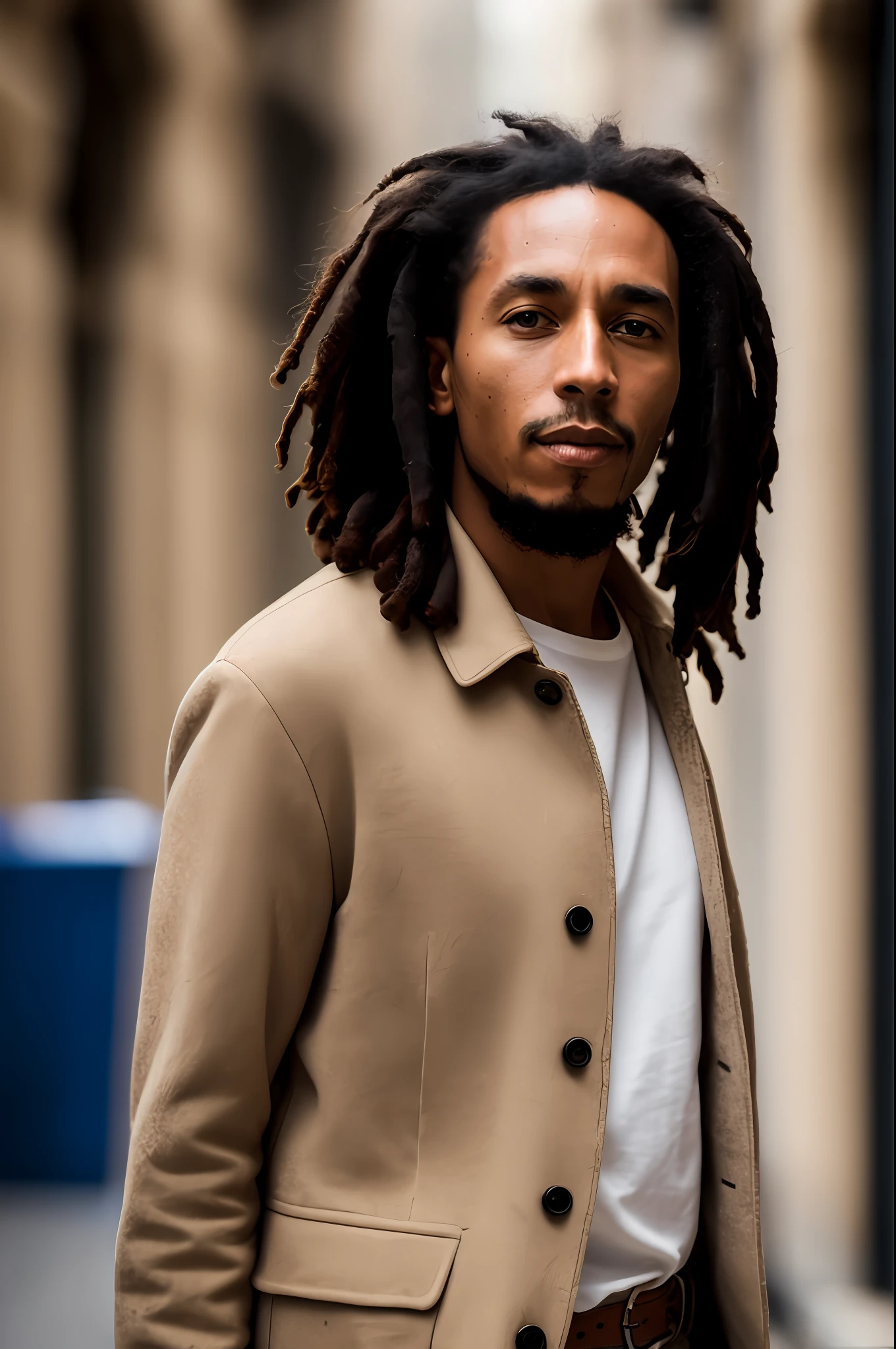 masterpiece, Bob Marley walking down the alley of a city in Europe , (high detail: 1 1), rough face, natural skin, high quality, nsfw, beautiful eyes, (detailed face and eyes), (face: 1 2), noise, extra, real photo, PSD, lamp film photography, sharp focus, diffuse lighting, detailed skin, high resolution 8k, crazy detail, realistic, professional photography, 8k UHD, SLR camera, soft lighting, high quality, grain film, Fujifilm XT3