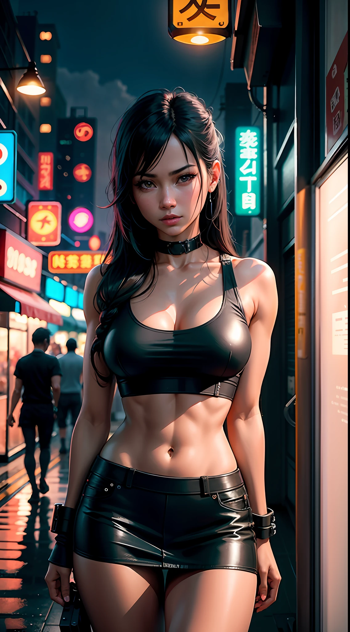Tifa lockhart, tifa_lockhart, ff7, serious face, white tank top shirt, black miniskirt, black long hair, long eyelashes, beautiful red eyes with brightness, surrealism, shadow, stereogram, (photorealistic, realistic: 1.2), POV, atmospheric perspective, cinematic lighting, ray tracing, 8k, super detail, best quality, masterpiece, well detailed, (Canan EOS R6, 135mm, 1/1250s, f/2.8, ISO 400:0.9), cyberpunk, neon, neon signs, ramen shops