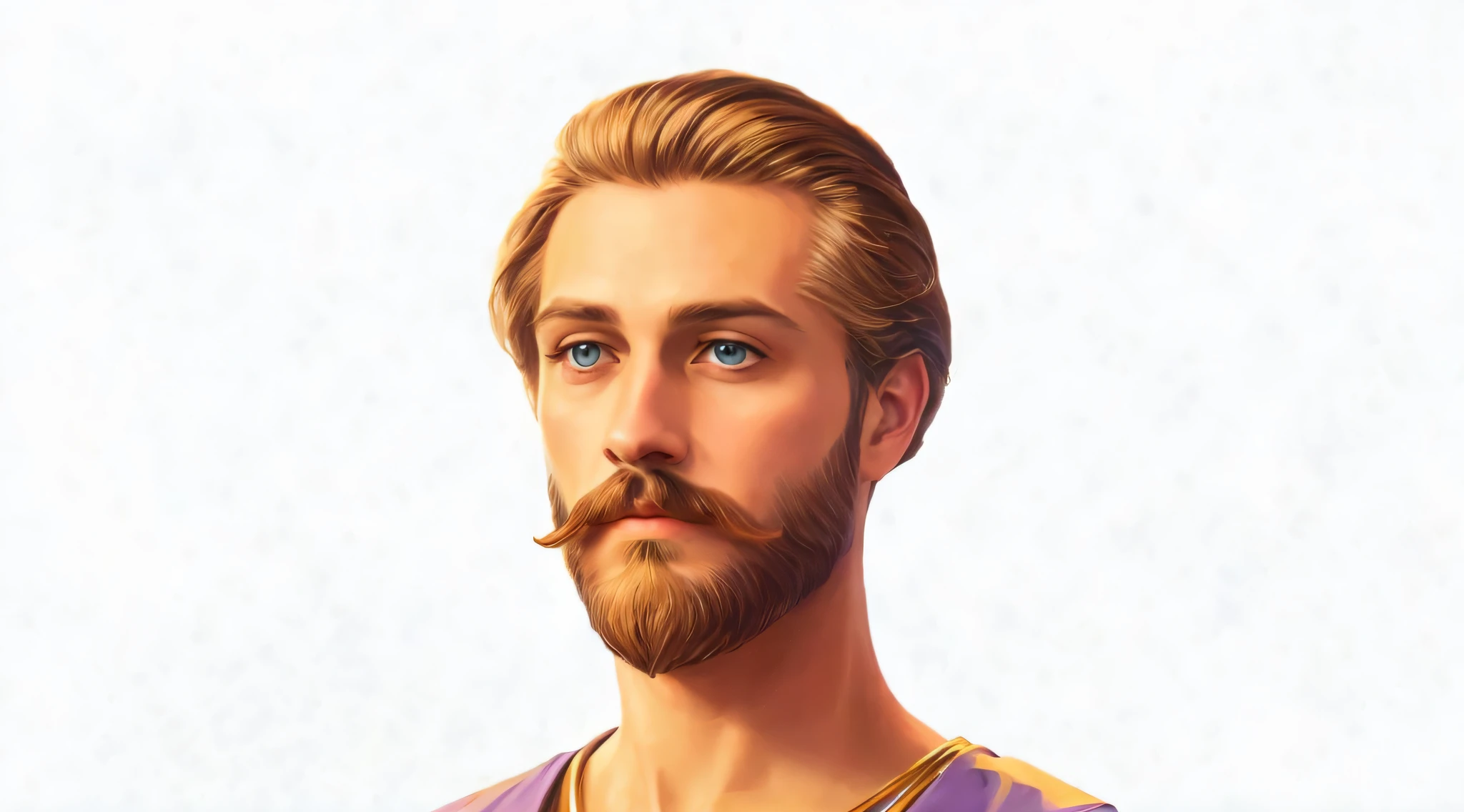 There is a man with a beard and a mustache in a purple shirt with golden details, beautiful stunning realistic, detailed character portrait, real male portrait, high quality portrait, realistic detailed face portrait, digital illustration portrait, detailed realistic face, highly detailed character, blonde beard, realistic realistic face, detailed beautiful face, highly detailed realistic face, highly detailed realistic face, Digital fantasy portrait, epic portrait illustration. Blue eyes, photorealistic, medal on the neck of the cross of St. John.