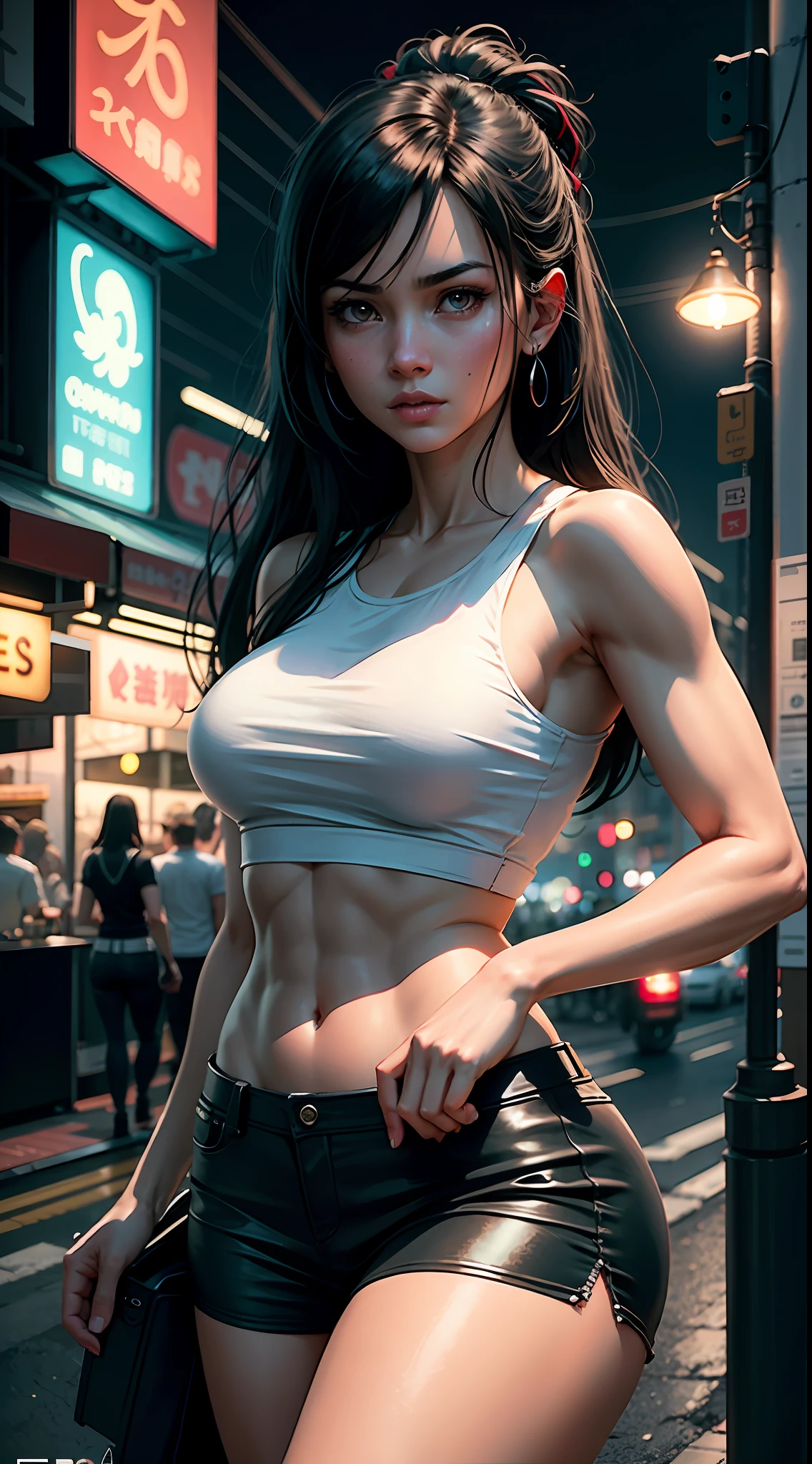 Tifa lockhart, tifa_lockhart, ff7, serious face, white tank top shirt, black miniskirt, black long hair, long eyelashes, beautiful red eyes with brightness, surrealism, shadow, stereogram, (photorealistic, realistic: 1.2), POV, atmospheric perspective, cinematic lighting, ray tracing, 8k, super detail, best quality, masterpiece, well detailed, (Canan EOS R6, 135mm, 1/1250s, f/2.8, ISO 400:0.9), cyberpunk, neon, neon signs, ramen shops