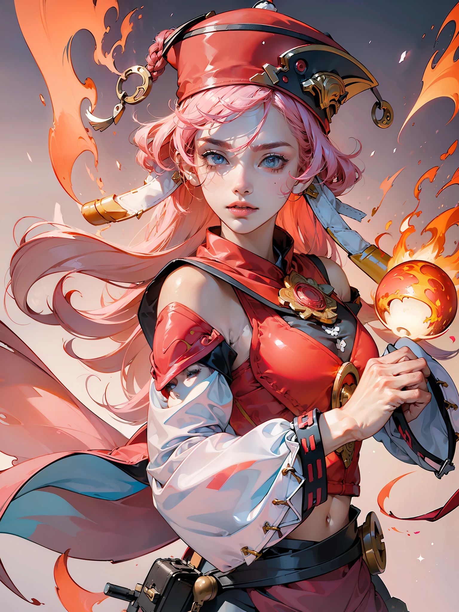 ((masterpiece,best quality)),(negative space:1.4),(1girl, solo:1.4),beautiful detailed eyes,floating pink hair, red hat, fireball, casting a fire spell, pink and red fractals background