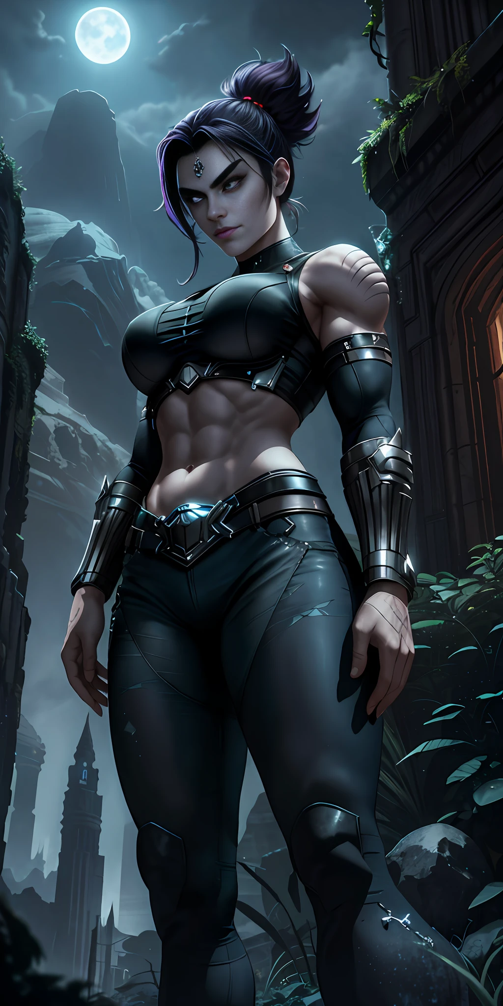 Girl stands imposing in a gothic lost city. Moonlight highlights your muscles and scars. The scenery is lush and mysterious, smirking, frowned eyebrows, with futuristic tech and surroundings. The camera details everything, a warrior woman, in front of her, midriff exposed, ((from below)), glowing red eyes