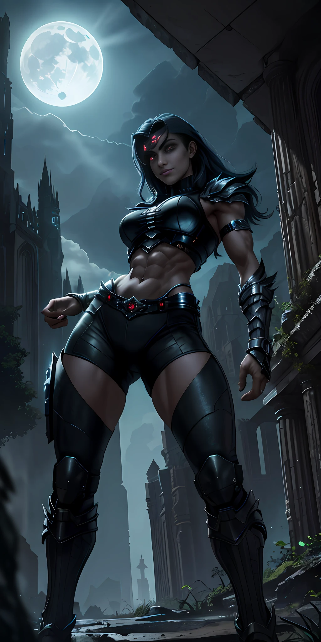 Girl stands imposing in a gothic lost city. Moonlight highlights your muscles and scars. The scenery is lush and mysterious, smirking, frowned eyebrows, with futuristic tech and surroundings. The camera details everything, a warrior woman, in front of her, midriff exposed, ((from below)), glowing red eyes