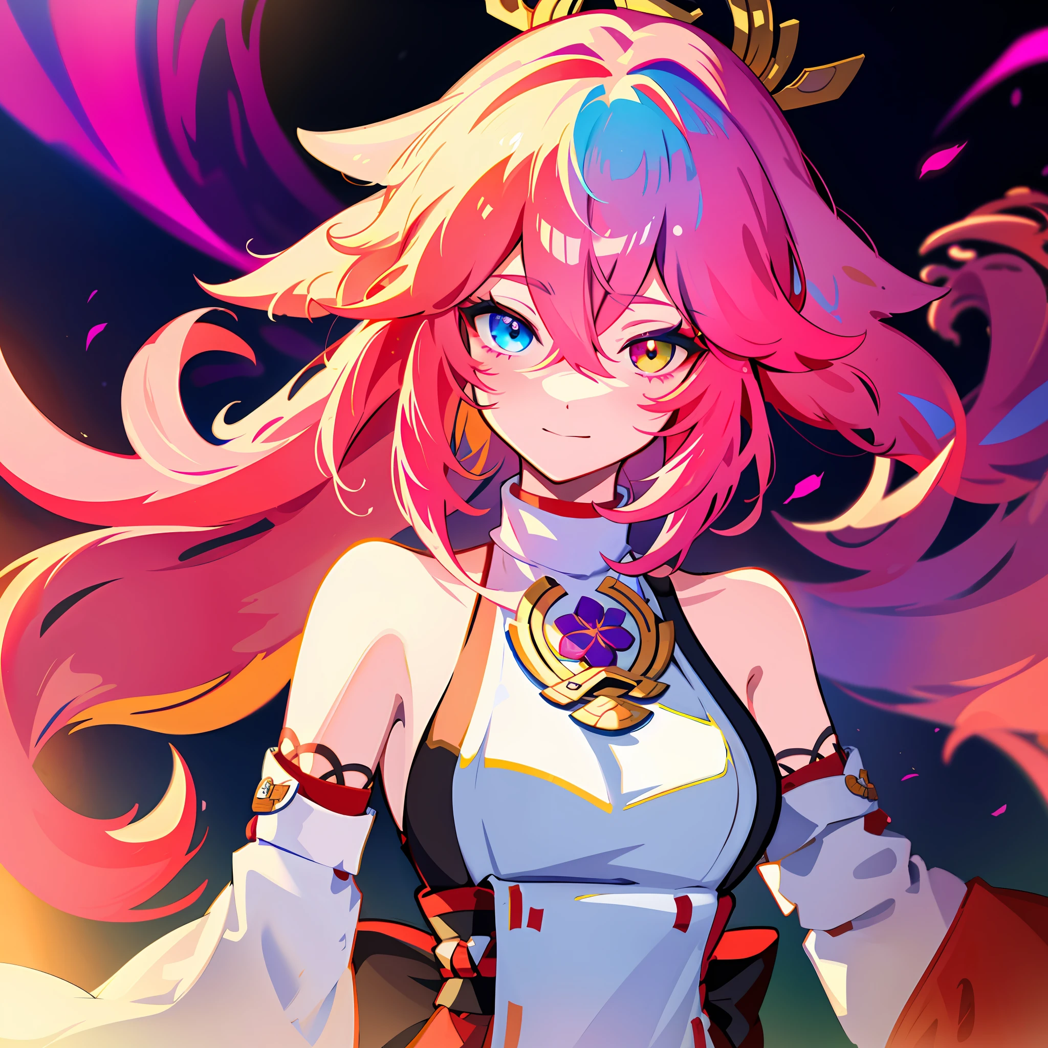 yae miko, {{masterpiece}}, best quality, cinematic lighting, lens flare, medium breasts, beautiful detail eyes, multicolor hair, colorful light particles, heterochromia, (colorful:1.5), (colorful hair:1.5), pink hair