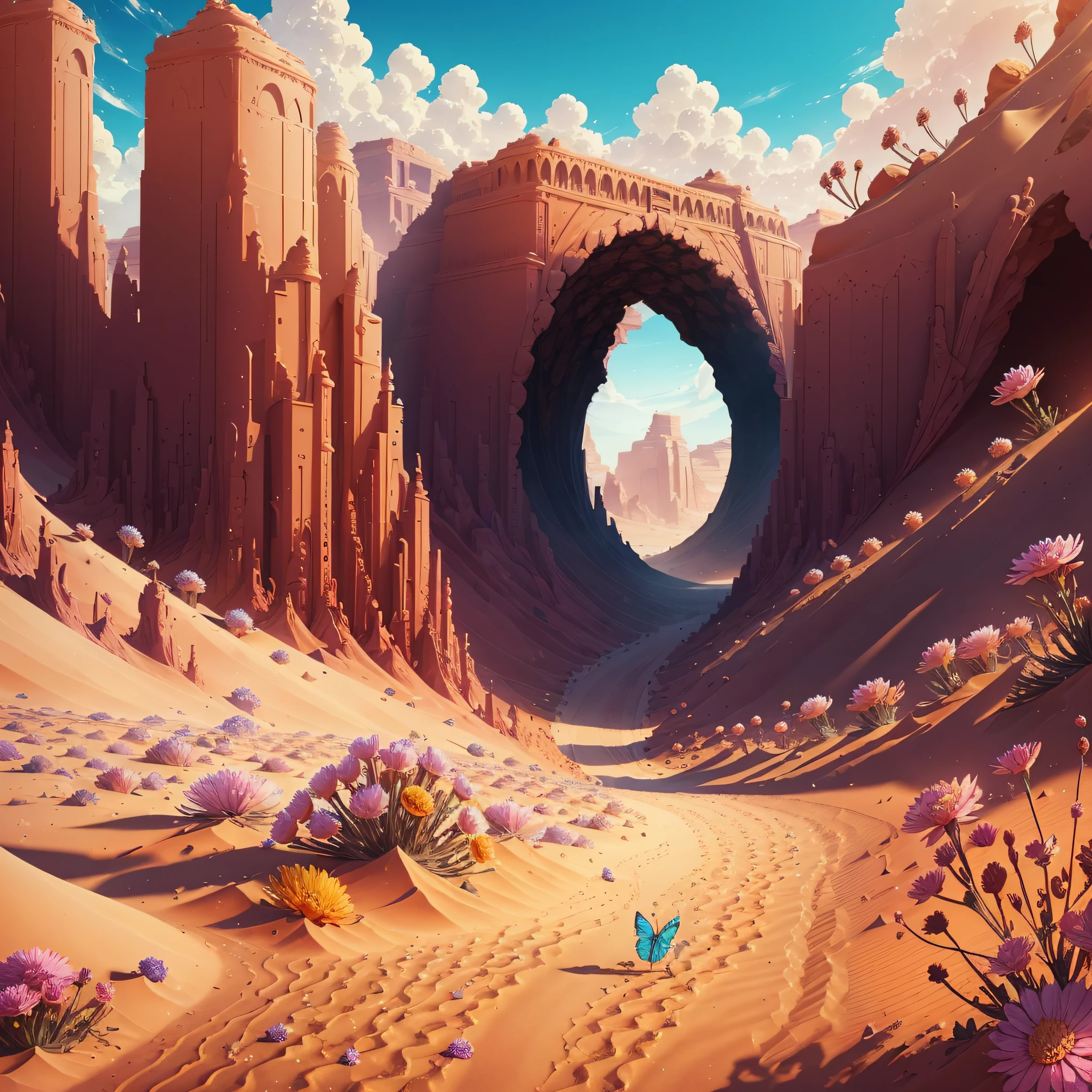 a large and majestic scorching desert with rare flowers emerging from the sands like precious little jewels --auto --s2