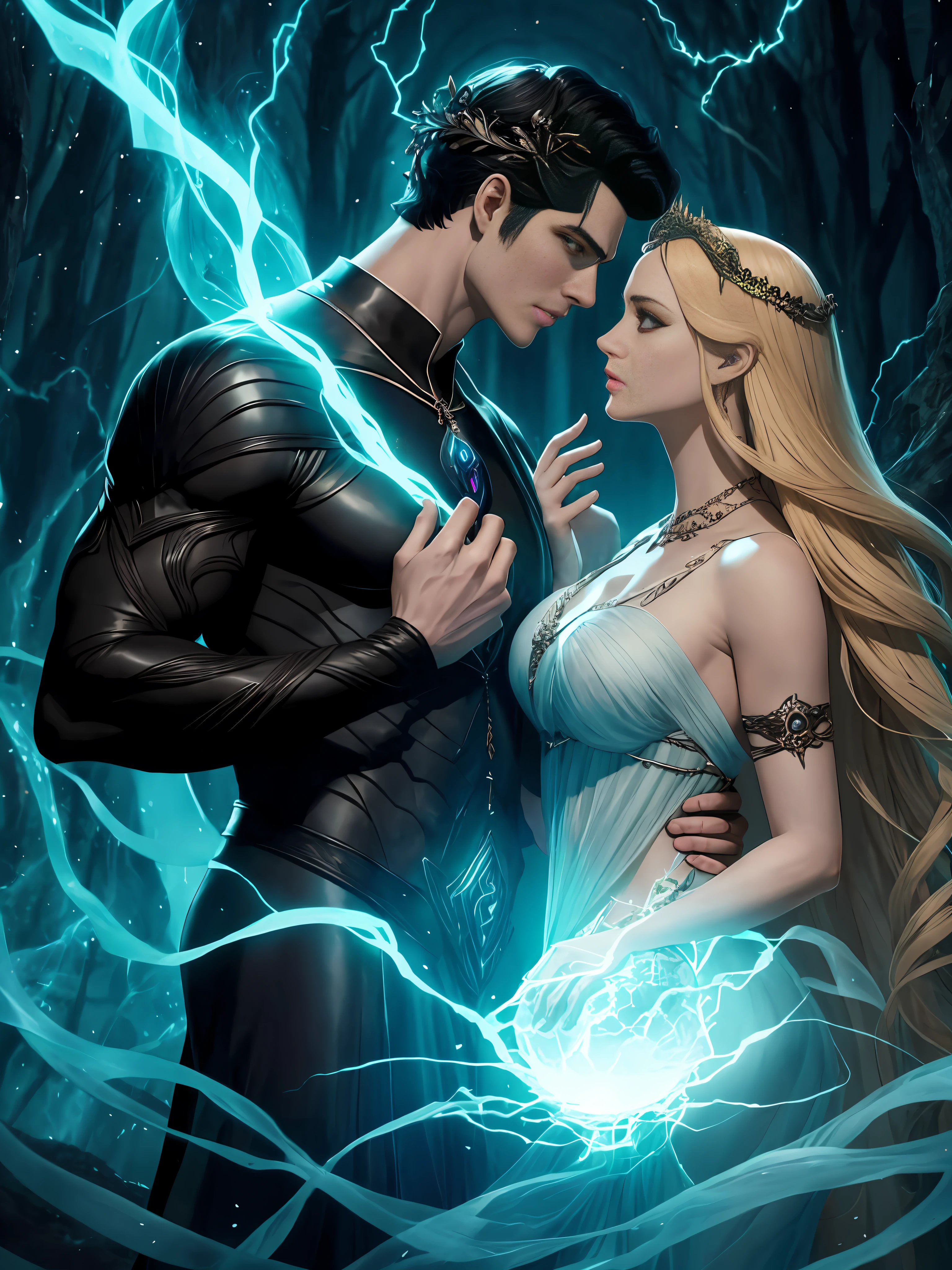 "Describe a scene in the realm of the dead in which the Greek god Hades and the Greek goddess Persephone are together. Both exhibit stunning beauty, standing out among the divine beings.

Hades, with his imposing and shadowy presence, is tall and robust. Your perfect body is shaped by powerful muscles, emanating unparalleled strength. Her long black hair falls like seductive shadows over her broad shoulders. His austere appearance is complemented by majestic black horns that curve elegantly around his head. His eyes, deep as the abyss, glow brightly in a mesmerizing shade of blue, conveying mystery and power. Hades radiates a dominant aura, filling the realm of the dead with his magnetic presence.

Next to him is Persephone, small and delicate. His graceful stature complements the grandeur of Hades. His perfect body is a representation of divine perfection, wrapped in a cloak of heavenly beauty. Her blonde hair, like strands of gold, glows brightly, contrasting with the darkness around her. Delicate white horns adorn his head, highlighting his connection to the heavenly and earthly realms. His eyes, of an enchanting green, reflect the wisdom and serenity of nature. Persephone has a face that is at the height of Hades' chest, intensifying the closeness and connection between them.

Despite the marked differences in their appearances and sizes, Hades and Persephone share a deep bond and a special connection. They embody the duality of life and death, finding balance in the love they nurture for each other. The scene depicts their powerful union, radiating a magnetic aura that transcends the divine realms."