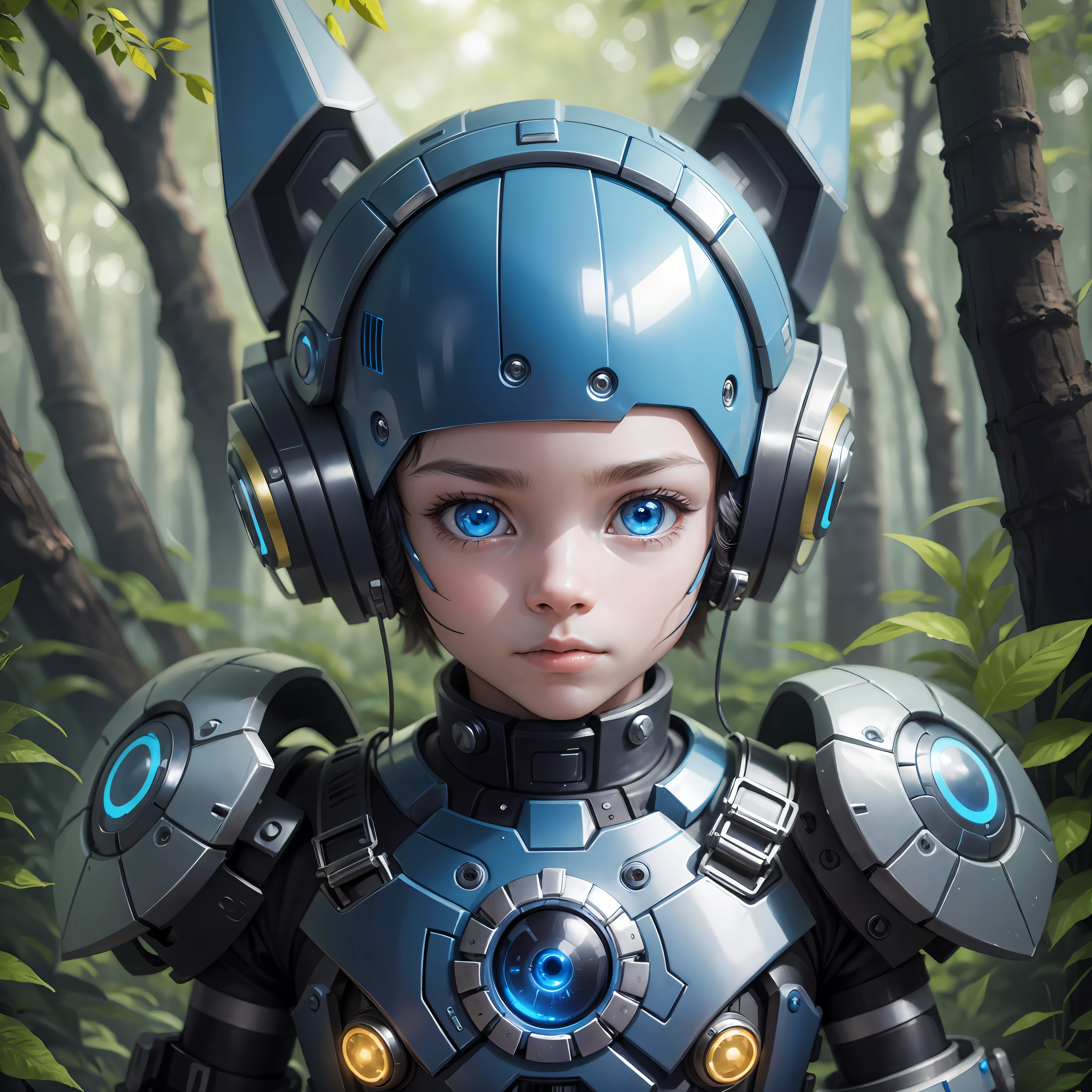 solo, best quality, 8k, a photo of a cybernetic child, with metallic arms, on his chest, a ray of blue color, a human eye, a robotic eye, going towards the forest --auto --s2
