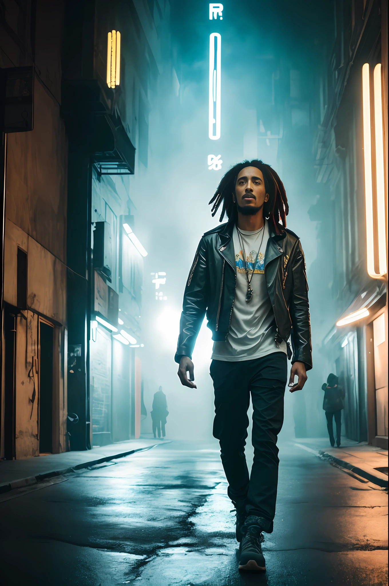 masterpiece, cyberpunk, Bob Marley walking through the alley of a city in Europe at night, with futuristic clothes, mist, (high detail: 1 1), rough face, natural skin, high quality, nsfw, beautiful eyes, (detailed face and eyes), (face: 1 2), noise, extra, real photo, PSD, lamp film photography, sharp focus, diffuse lighting, detailed skin, high resolution 8k,  Crazy detail, realistic, professional photography, 8k UHD, SLR camera, soft lighting, high quality, film grain, Fujifilm XT3