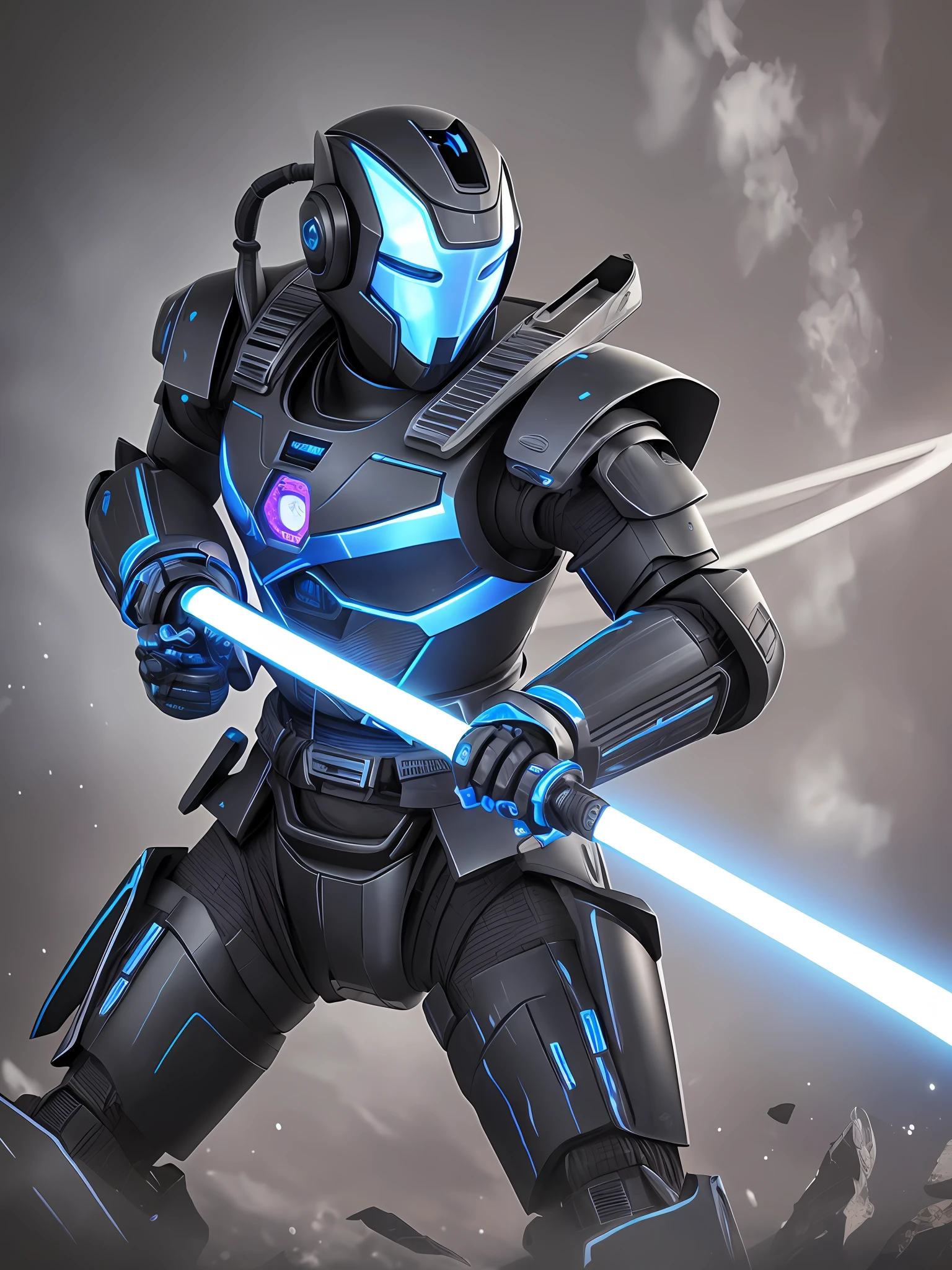 samuray robot high definition, black color and blue led wielding Katana --auto --s2