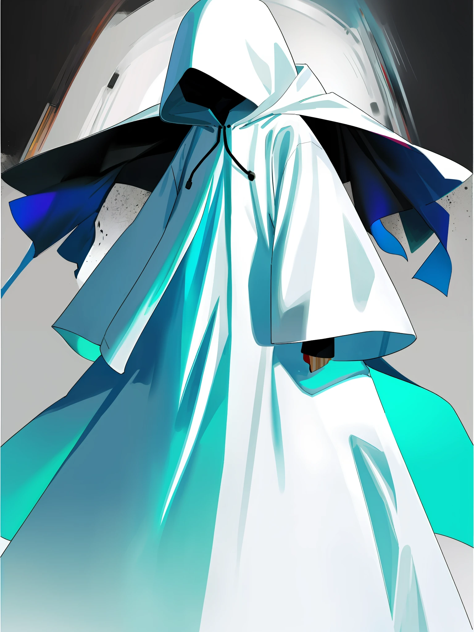 1spectrum, wearing hooded coat, no face, no nose and mouth, wide white empty eyes