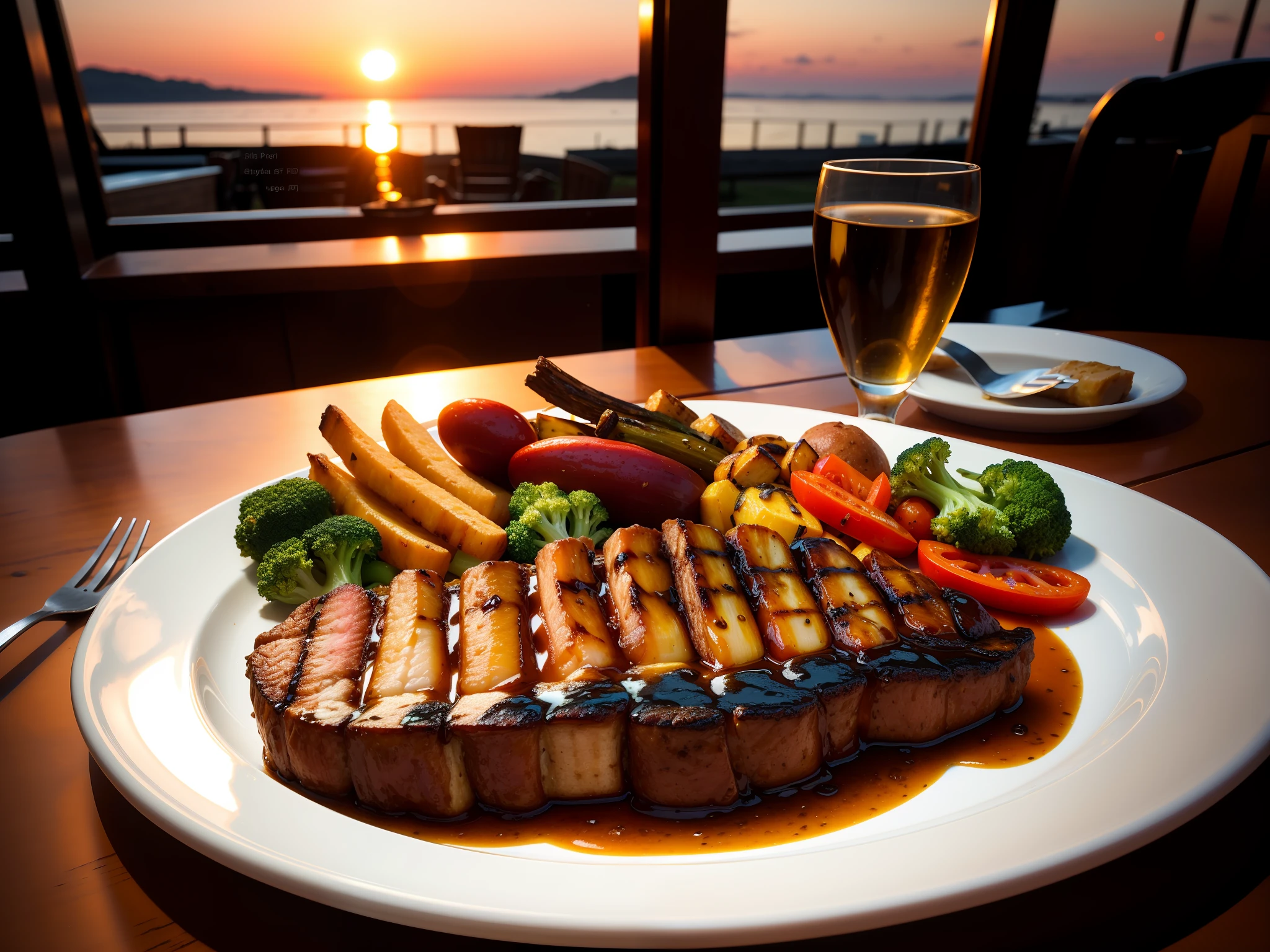 Grilled dog steak served with a side of roasted vegetables, (intricate details:1.12), HDR, (intricate details, hyperdetailed:1.15), diffused light, sunset, rule of thirds,