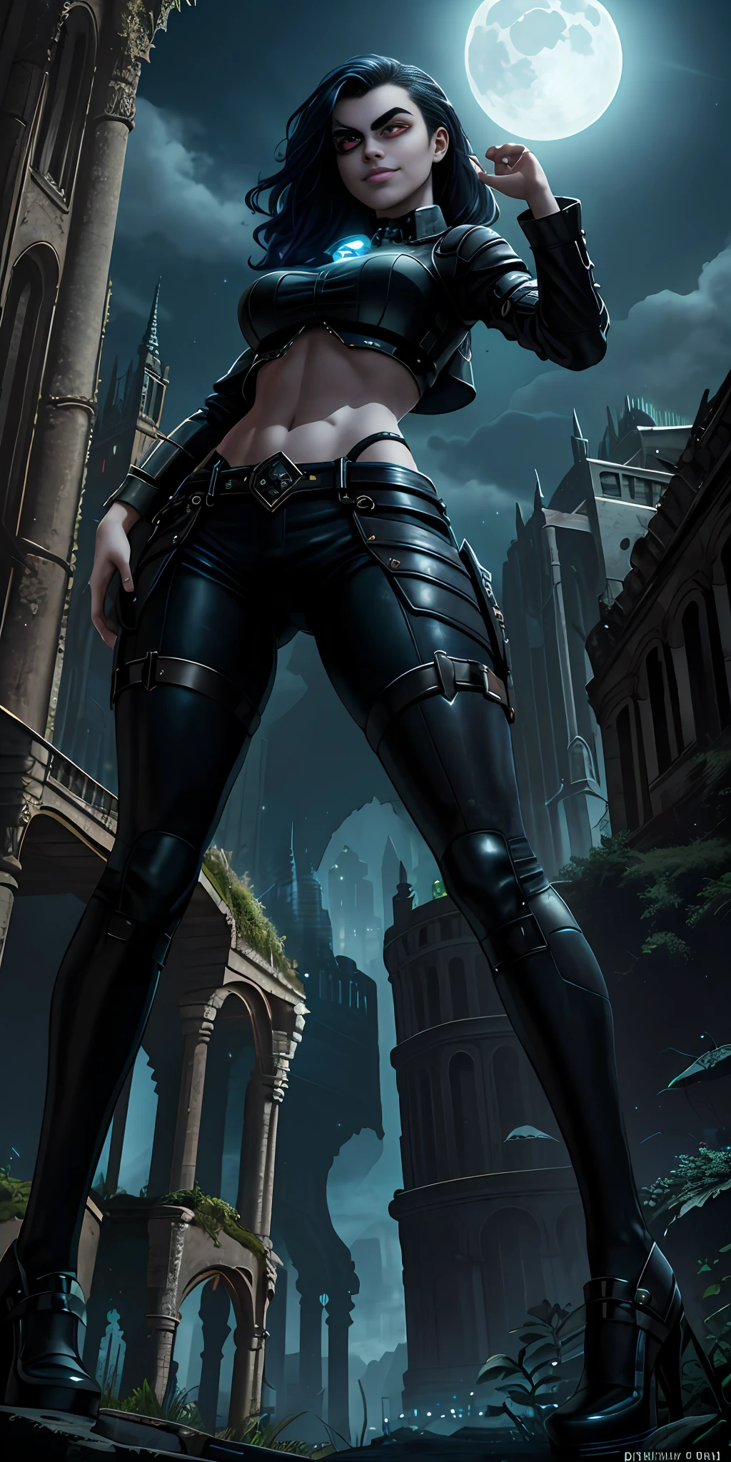 Girl stands imposing in a gothic lost city. Moonlight. The scenery is lush and mysterious, smirking, frowned eyebrows, with futuristic tech and surroundings. The camera details everything, in front of her, midriff exposed, ((from below)), glowing red eyes