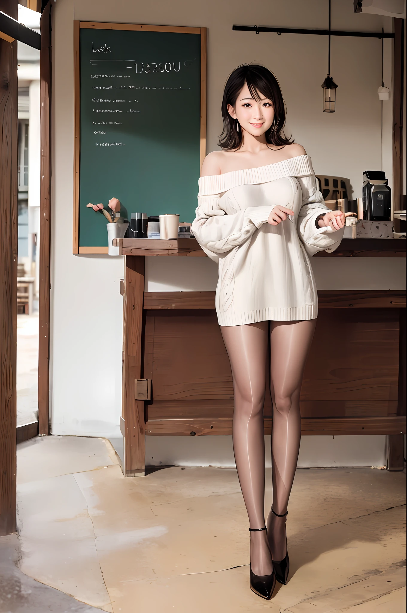 1girl, (8k, RAW photo, top quality, masterpiece: 1.2), (realistic, photorealistic: 1.37), solo, super detailed, Japan person, (35-year-old woman: 1.3), (smile: 1.2), sparkling pantyhose, long shot, beautiful background, (long sweater with white knitted material: 1.2), off-shoulder, beautiful legs, full body, coffee shop, elbow on the table, thin full body
