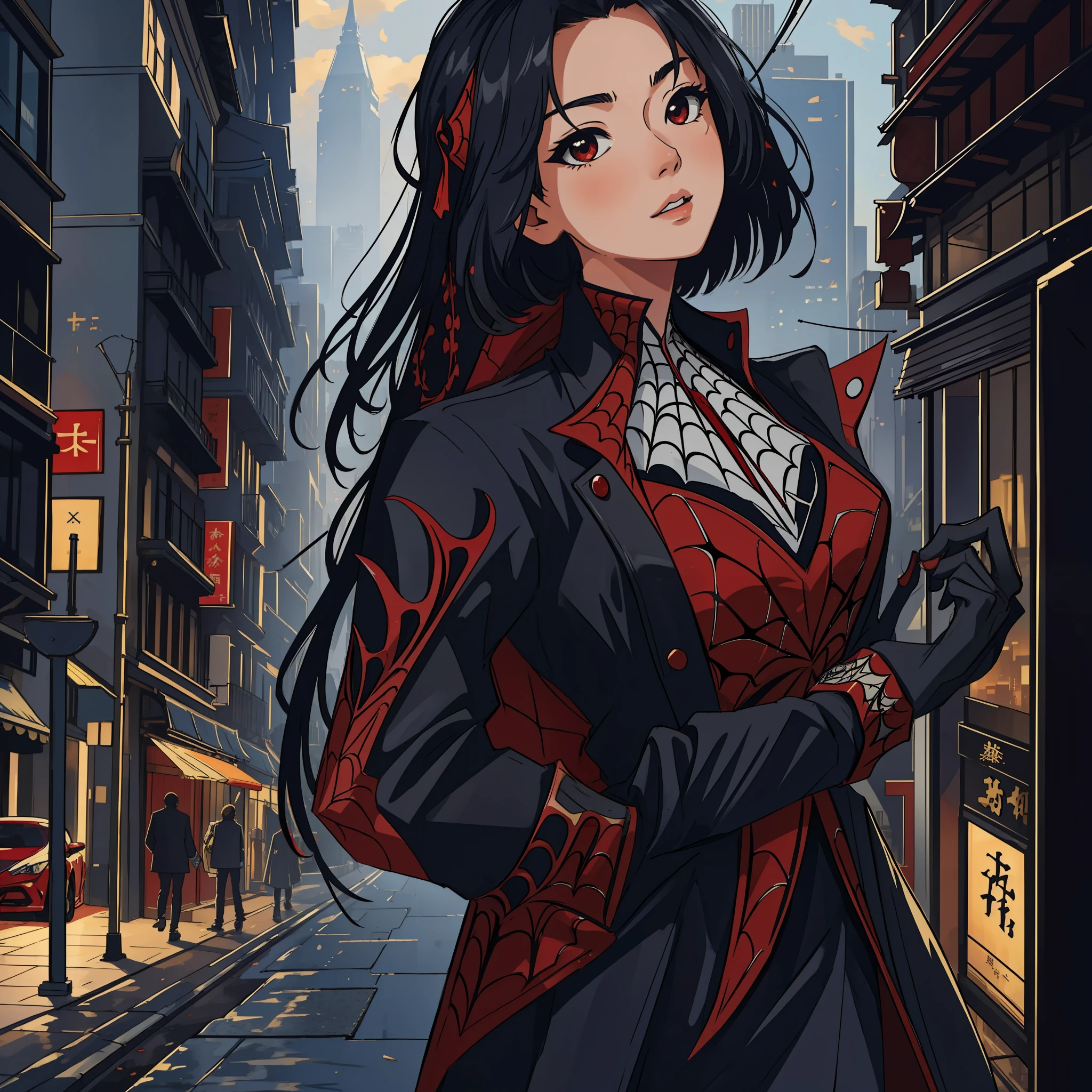 (masterpiece, best quality), intricate details, 8k, artstation, wallpaper, official art, splash art, sharp focus,
1girl, Nakiri Ayame, , 
 spider suit, spider web printing, spider web,  
skyscrapers, city, buildings, cars, street,