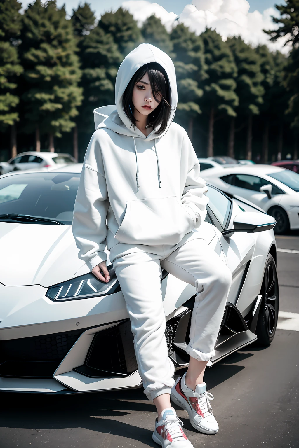 1girl, solo, white hoodie, black long pants, white shoes, front of Lamborghini, street, white skin, 18 year old, sitting irregularly, multi-colored hair, black eyes, frown, detailed face, detailed eyes, Eye-Level Shot, god rays, glowing light, modern, 85mm, Nikon, super detail, textured skin, anatomically correct, highres, best quality, 8k, masterpiece