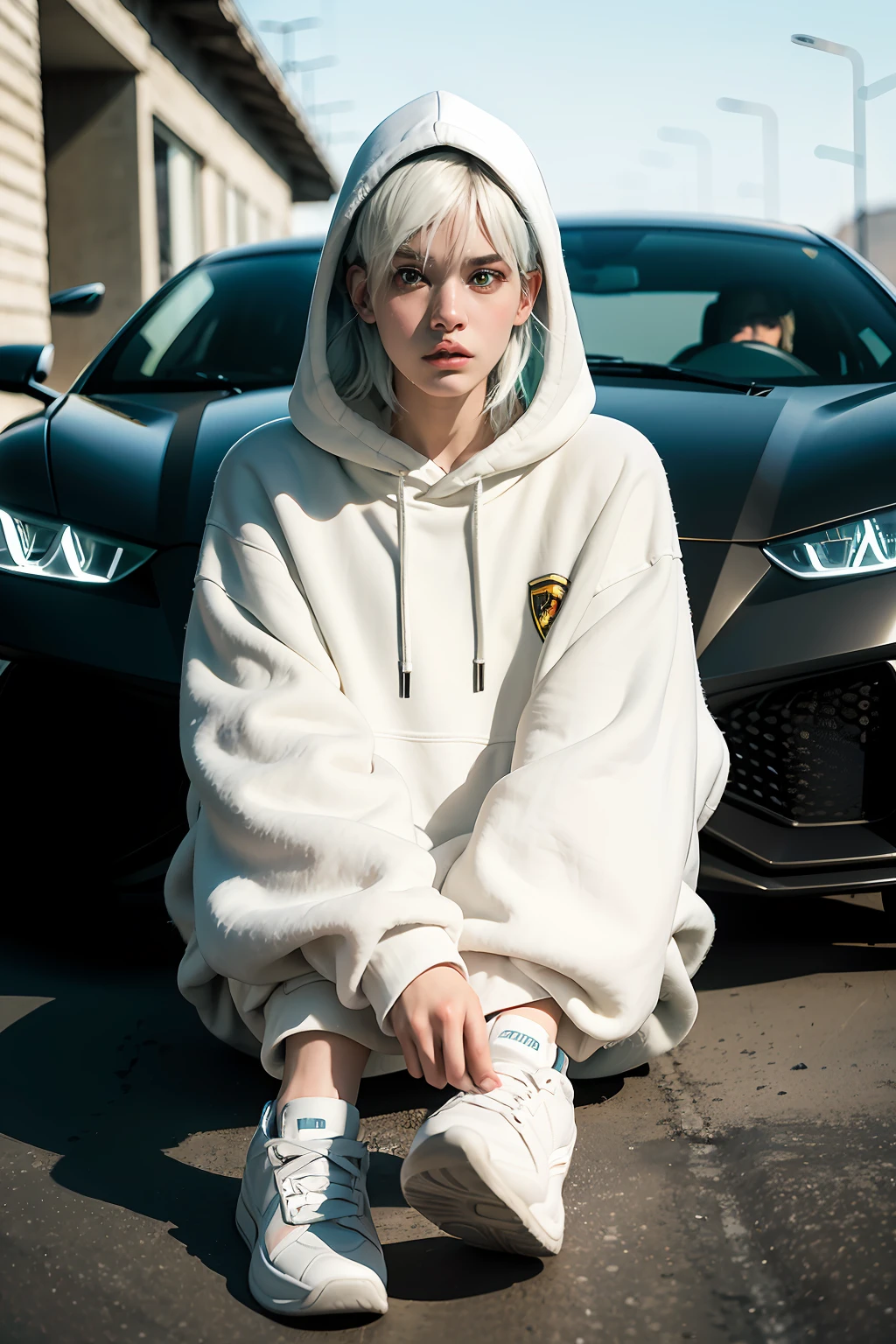 1girl, solo, white hoodie, black long pants, white shoes, front of Lamborghini, street, white skin, 18 year old, sitting irregularly, multi-colored hair, black eyes, frown, detailed face, detailed eyes, Eye-Level Shot, god rays, glowing light, modern, 85mm, Nikon, super detail, textured skin, anatomically correct, highres, best quality, 8k, masterpiece