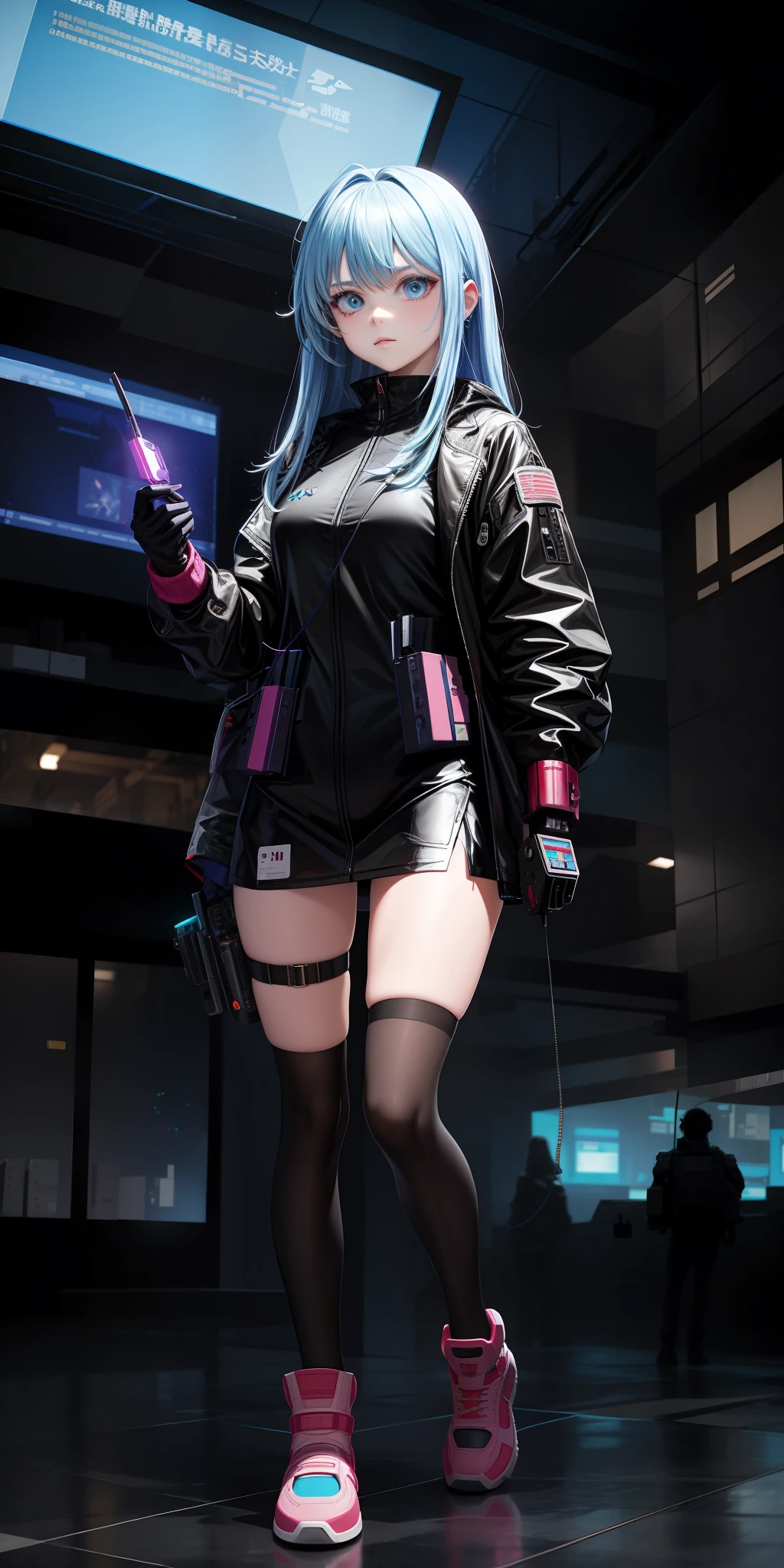 /imagine prompt: A beautiful girl wielding hacker tools, wandering in a surreal cyber world, undertaking a dangerous mission, surrounded by high-tech chaos, by Hayao Miyazaki --niji 5