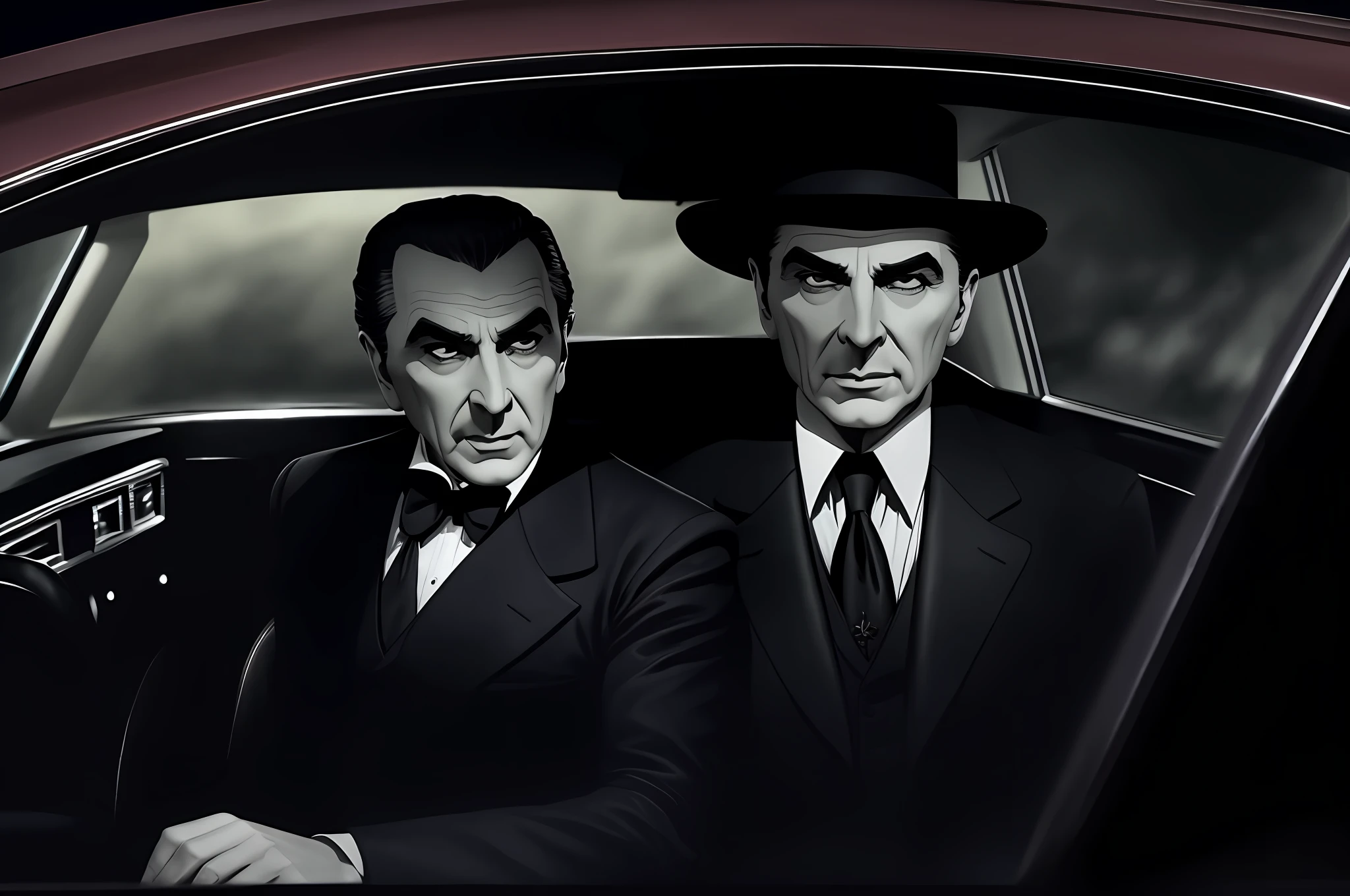 Cadilac black convertible being driven by dracula Bela Lugosi and her companion on the bench next door --auto --s2