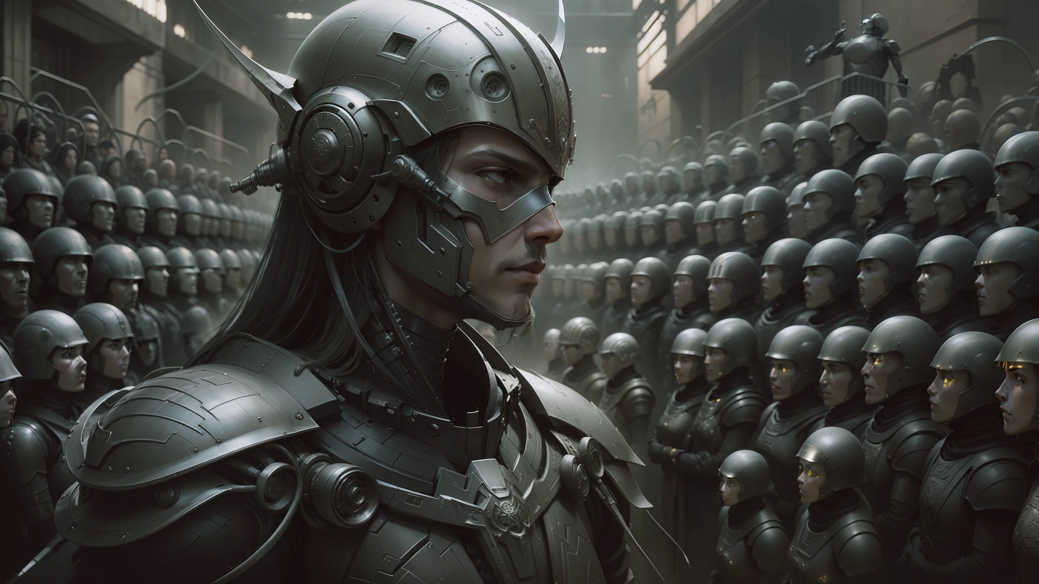 a closeup of a man in a helmet surrounded by many other people, inspired by Luis Royo, concept art of queen tau, by tomasz alen kopera, futuristic cloning installation, detailed symmetry, dressed in military armor, where everyone is an npc, terminals , robot wearing bone crown, symmetric artwork. cinematic, army of robots --auto --s2