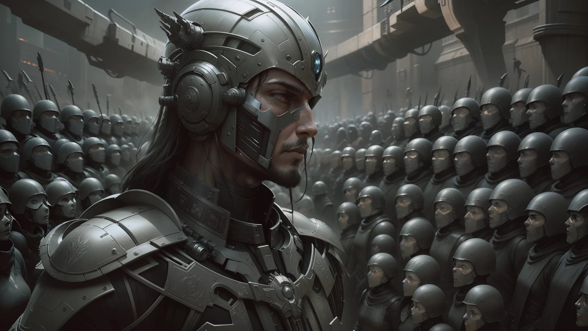 a closeup of a man in a helmet surrounded by many other people, inspired by Luis Royo, concept art of queen tau, by tomasz alen kopera, futuristic cloning installation, detailed symmetry, dressed in military armor, where everyone is an npc, terminals , robot wearing bone crown, symmetric artwork. cinematic, army of robots --auto --s2