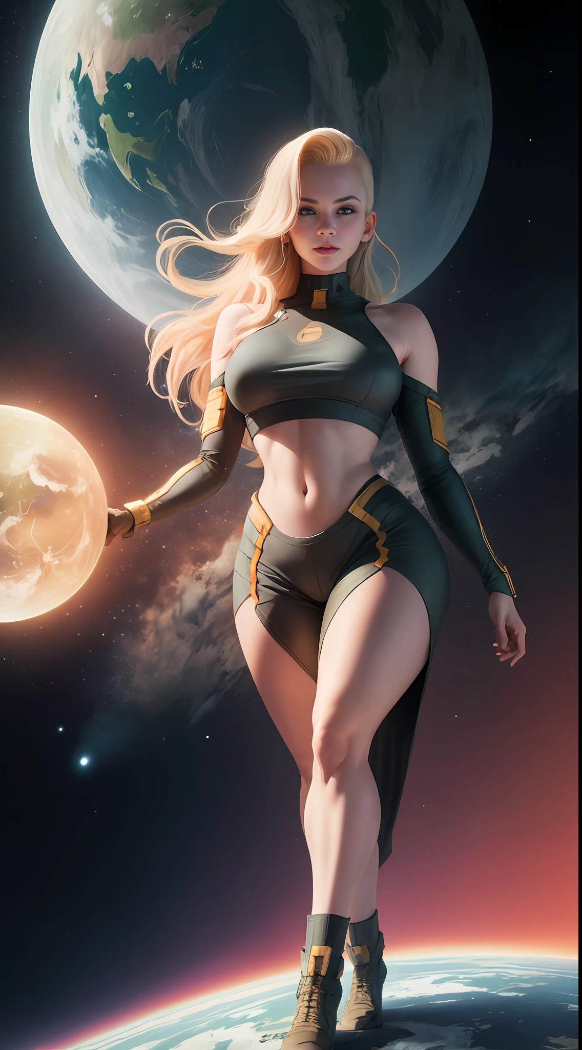 (((Towering over you))), giant woman in provocative crop top, blonde hair, smirking evilly, standing on a planet in space with her full body in view.
