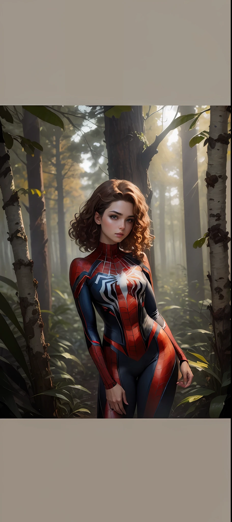 Beautiful woman detailed defined body wearing spider man cosplay, small breasts, brown curly hair