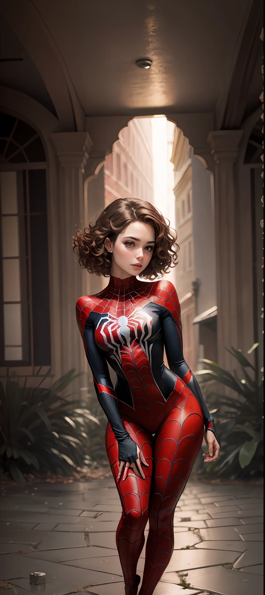 Beautiful woman detailed defined body wearing spider man cosplay, small breasts, brown curly hair