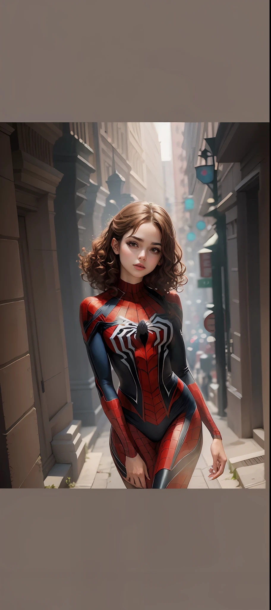 Beautiful woman detailed defined body wearing spider man cosplay, small ???????, brown curly hair