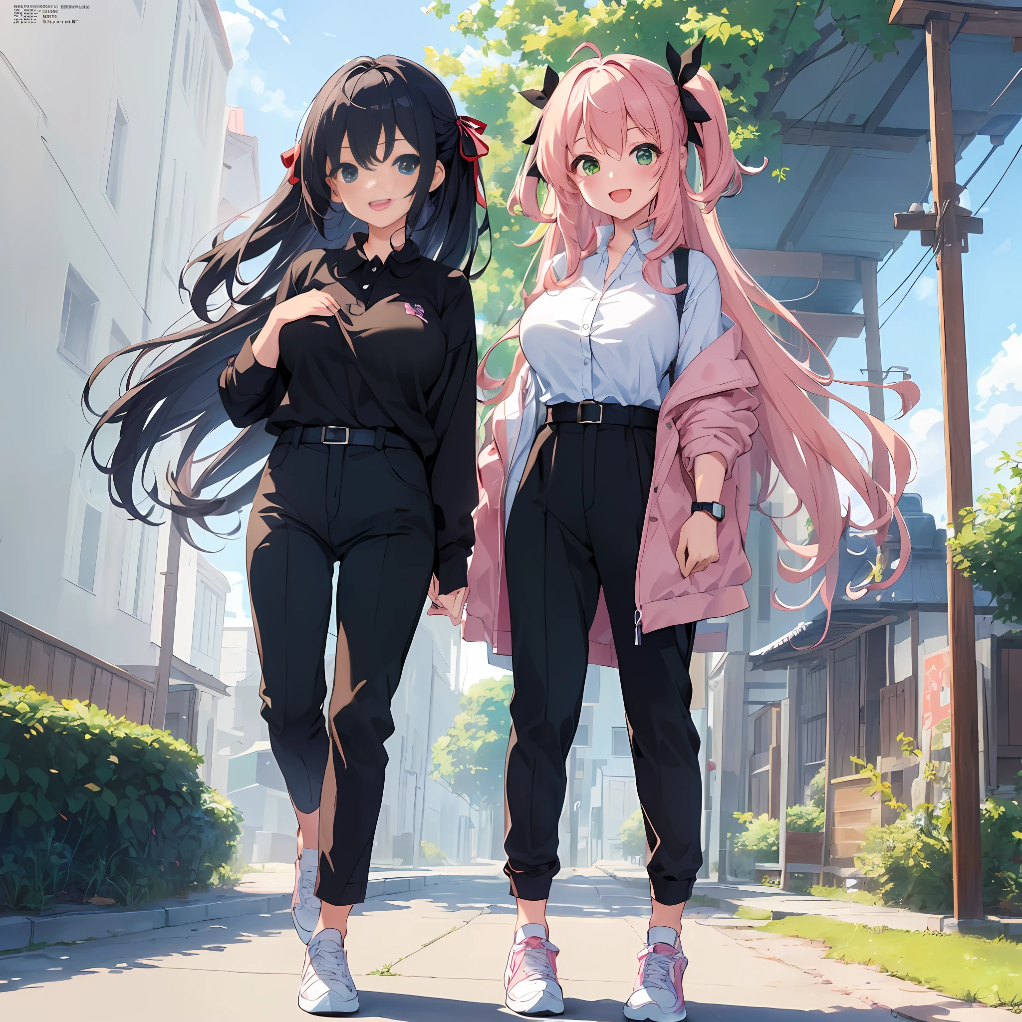 (Masterpiece, Super Detail, Top Quality, 8K, 32K, High Resolution, Kyoto Animation Style Anime Illustration, Top Quality Official Art Features: 1.6), (Heterochromia, Blue and Green Eyes: 1.8), Shining Eyes, (Chibi: 1.8), (Caregiver, One Cute Girl, Solo, Standing, Watch Viewer, Full Body, Predecessor, Cute Open Mouth, Makeup, Cute, Happy Smile : 1.3), (Loli: 1.2), (cute: 1.5), (Clothing: black long undershirt, 3-button simple design red polo shirt, black pants), (Footwear: sneakers), (pale pink hair, twin blades, long hair, hair ribbon, cute ribbon: 1.1), thin eyebrows, big breasts,