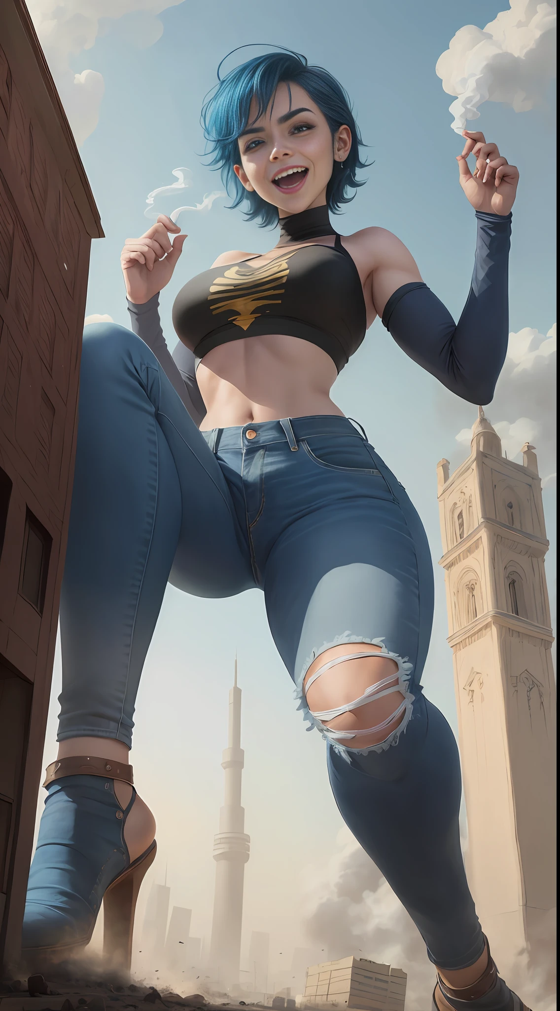giantess art, giantess, crop top, jeans, hands raised, laughing, frowned eyebrows, runied, middle eastern city, mosque, blue colored short hair, smoke, sandstorm, (((towering over you))), (full body), feminist
